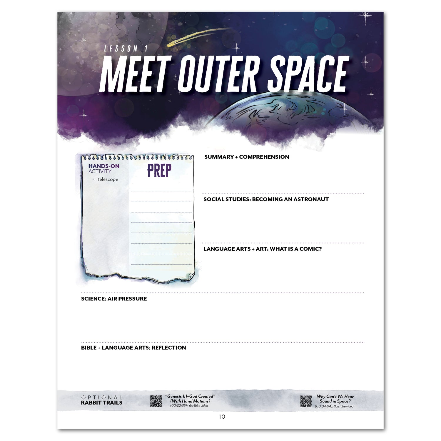 Astronomy Homeschool Unit Study Digital Unit Planner Lesson 1 Prep Page