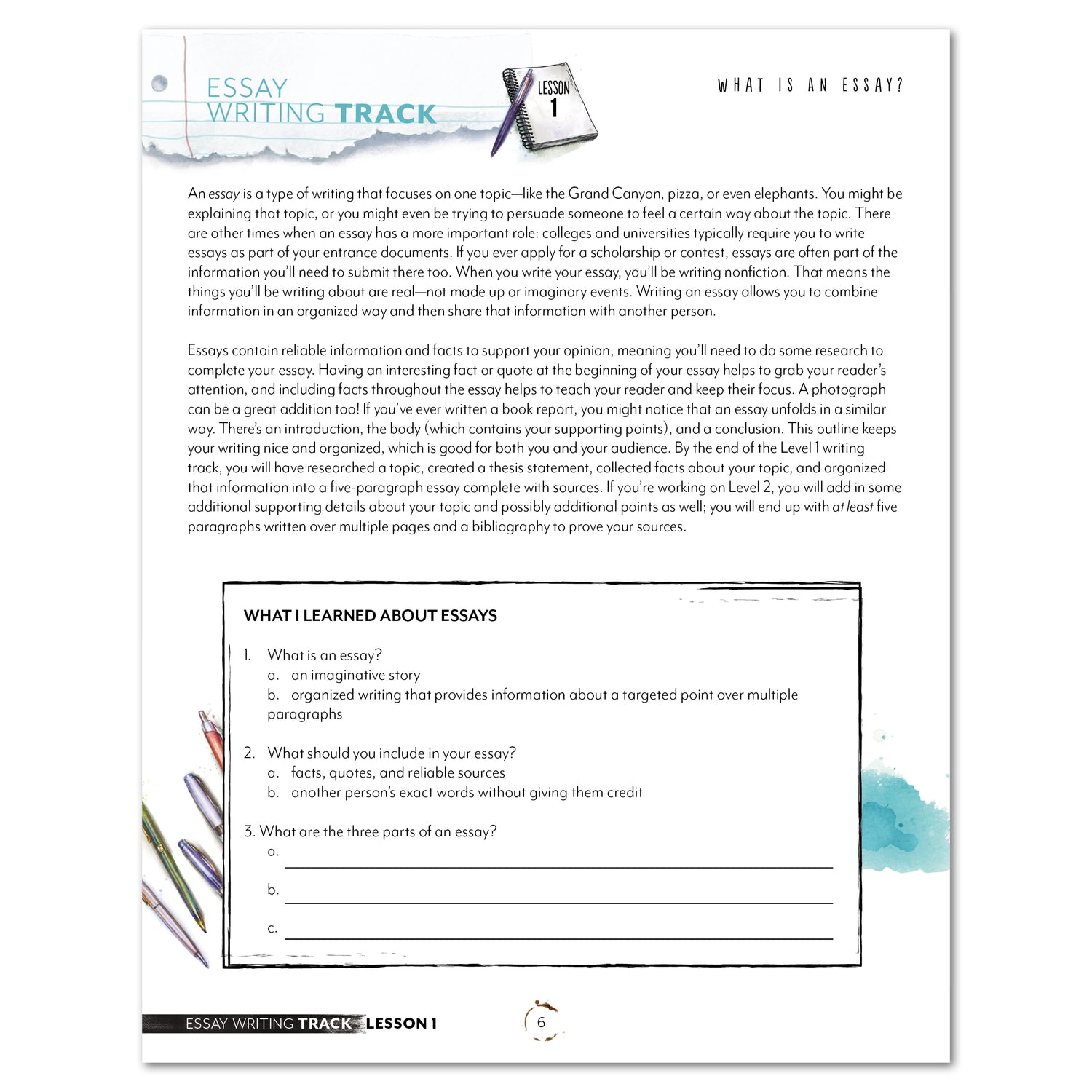 Essay Writing Track Homeschool Unit Study Printed Student Book Lesson 1 What is an Essay?
