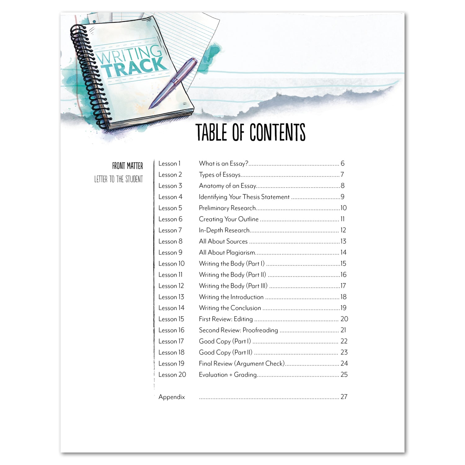 Essay Writing Track Homeschool Unit Study Printed Student Book Table of Contents