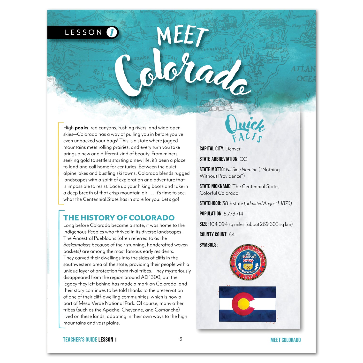 Colorado Fifty States Homeschool Unit Study Printed Teacher's Guide Lesson 1 Part 1