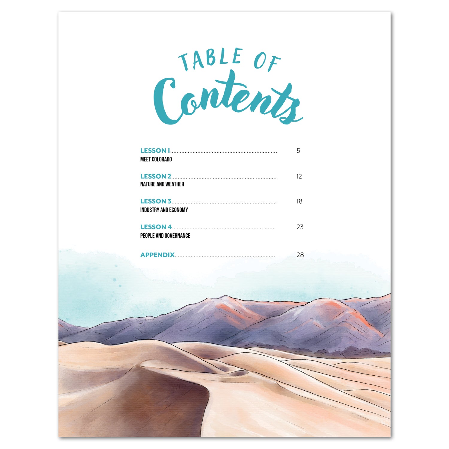 Colorado Fifty States Homeschool Unit Study Printed Teacher's Guide Tabel of Contents