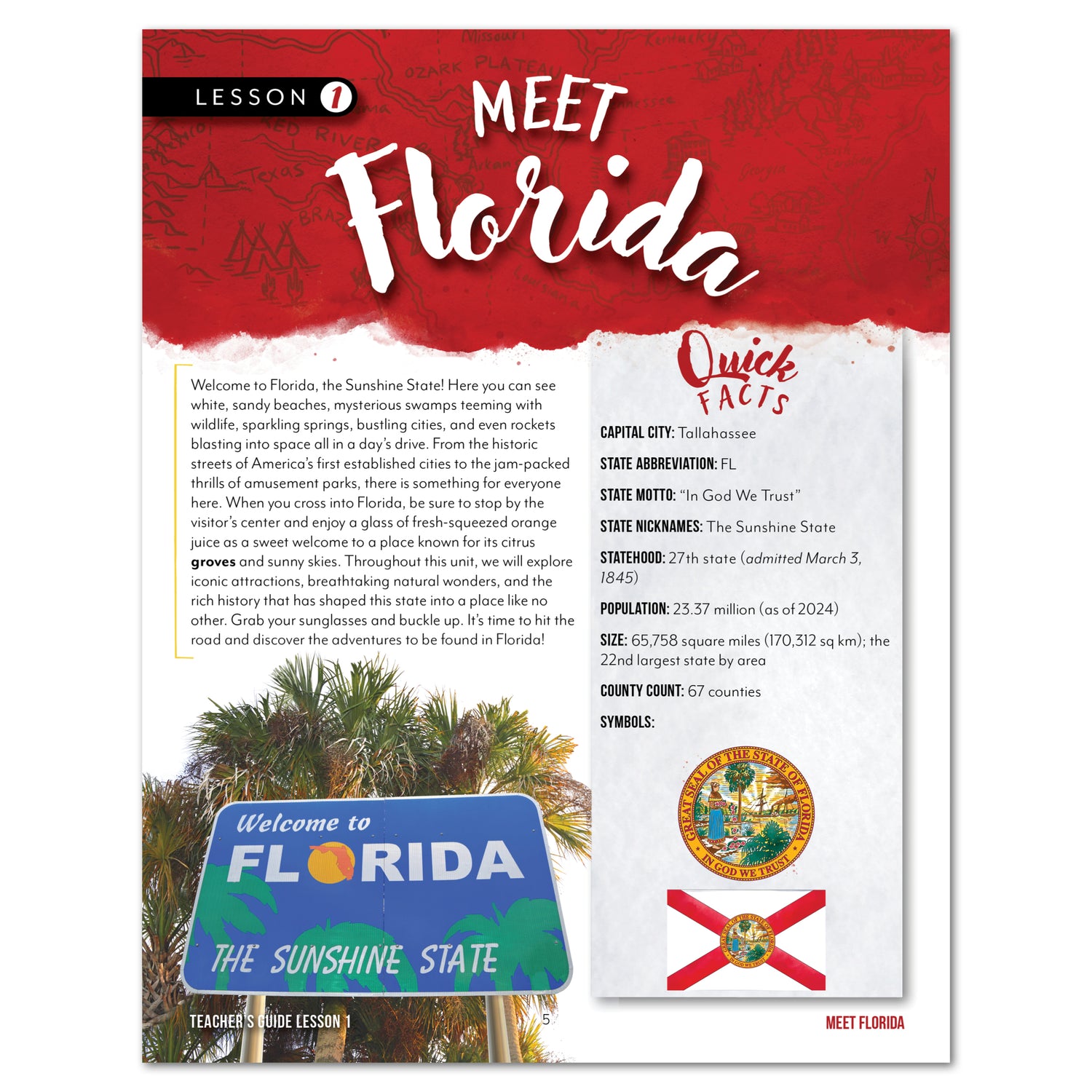 Florida Fifty States Homeschool Unit Study Printed Teacher's Guide Lesson 1 Part 1