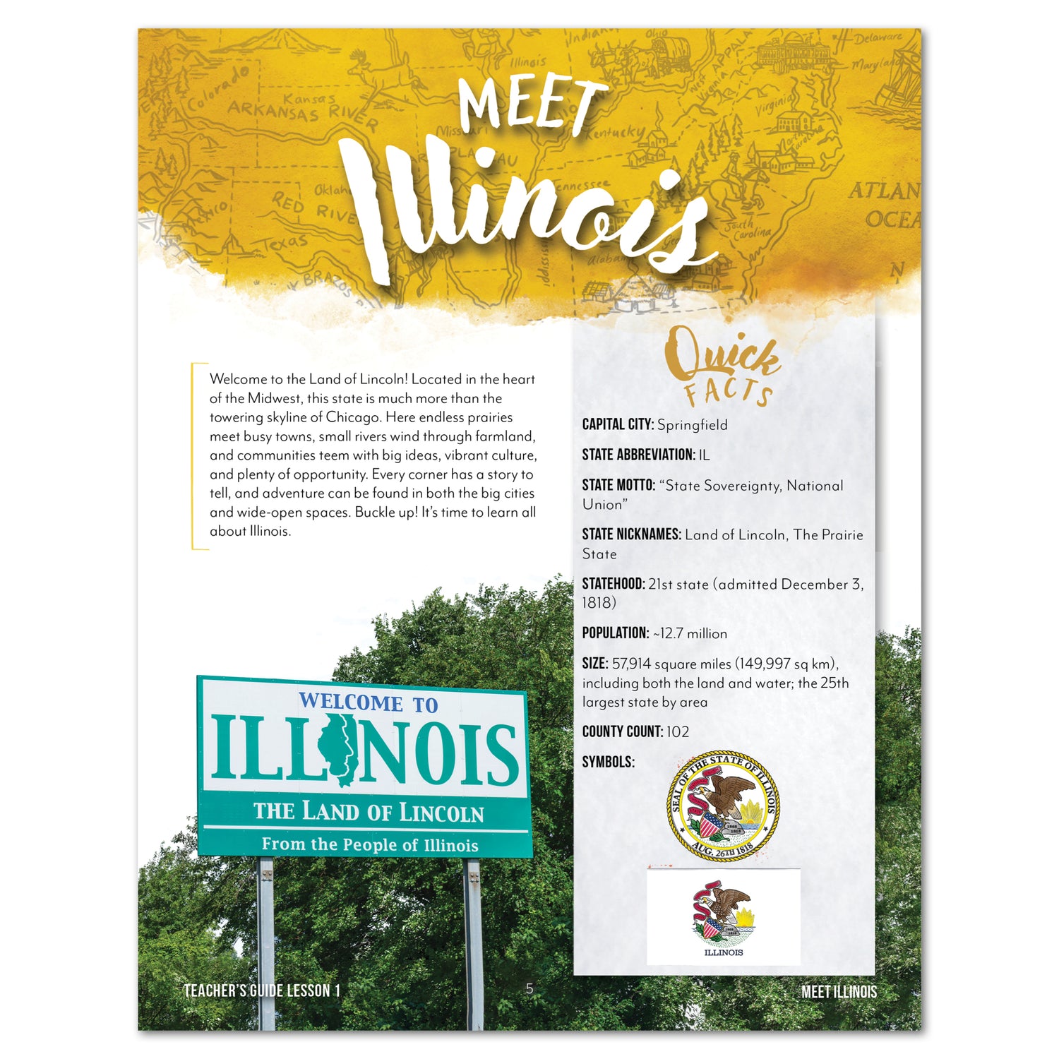 Illinois Fifty States Homeschool Unit Study Printed Teacher's Guide Lesson 1 Part 1