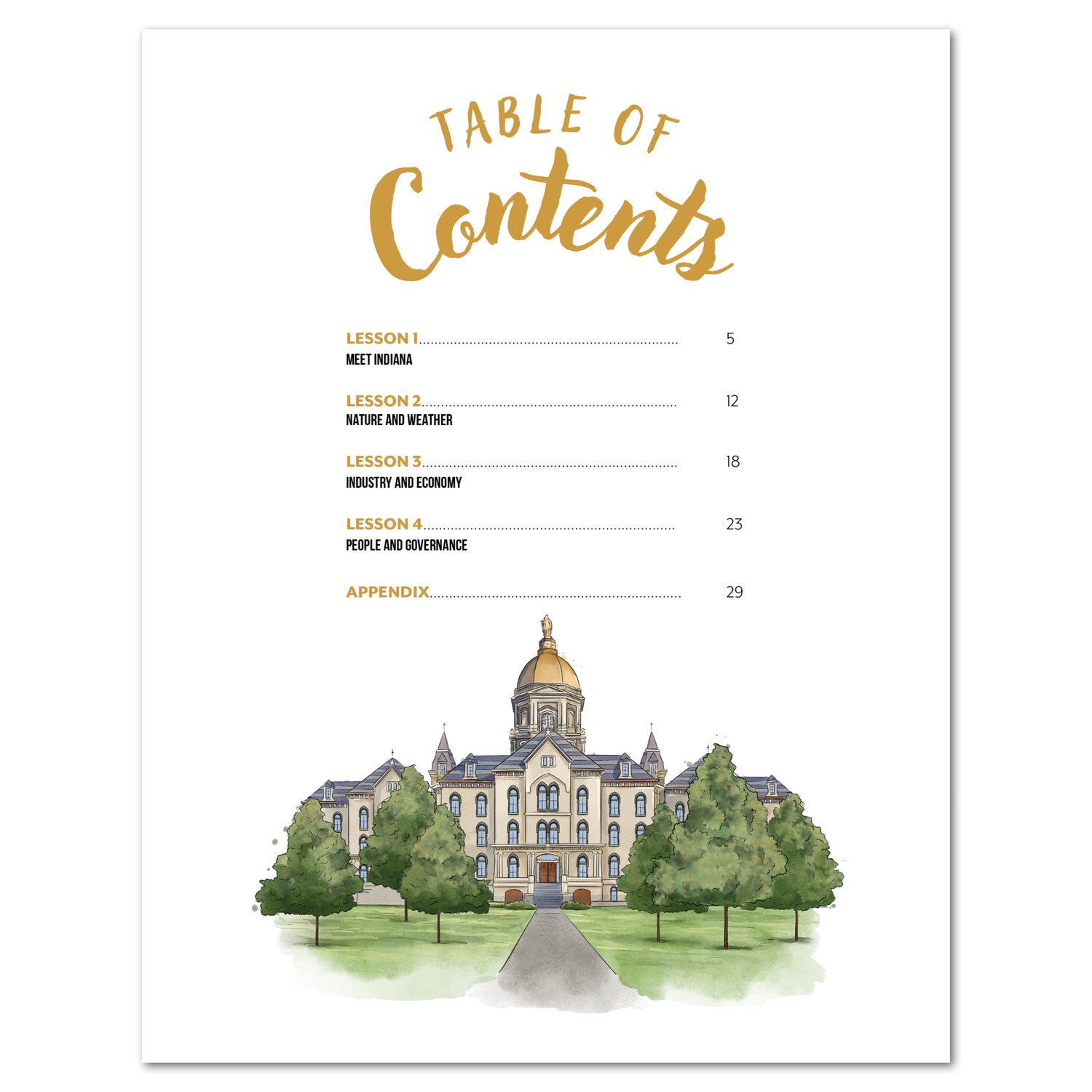 Indiana Fifty States Homeschool Unit Study Printed Teacher's Guide Table of Contents