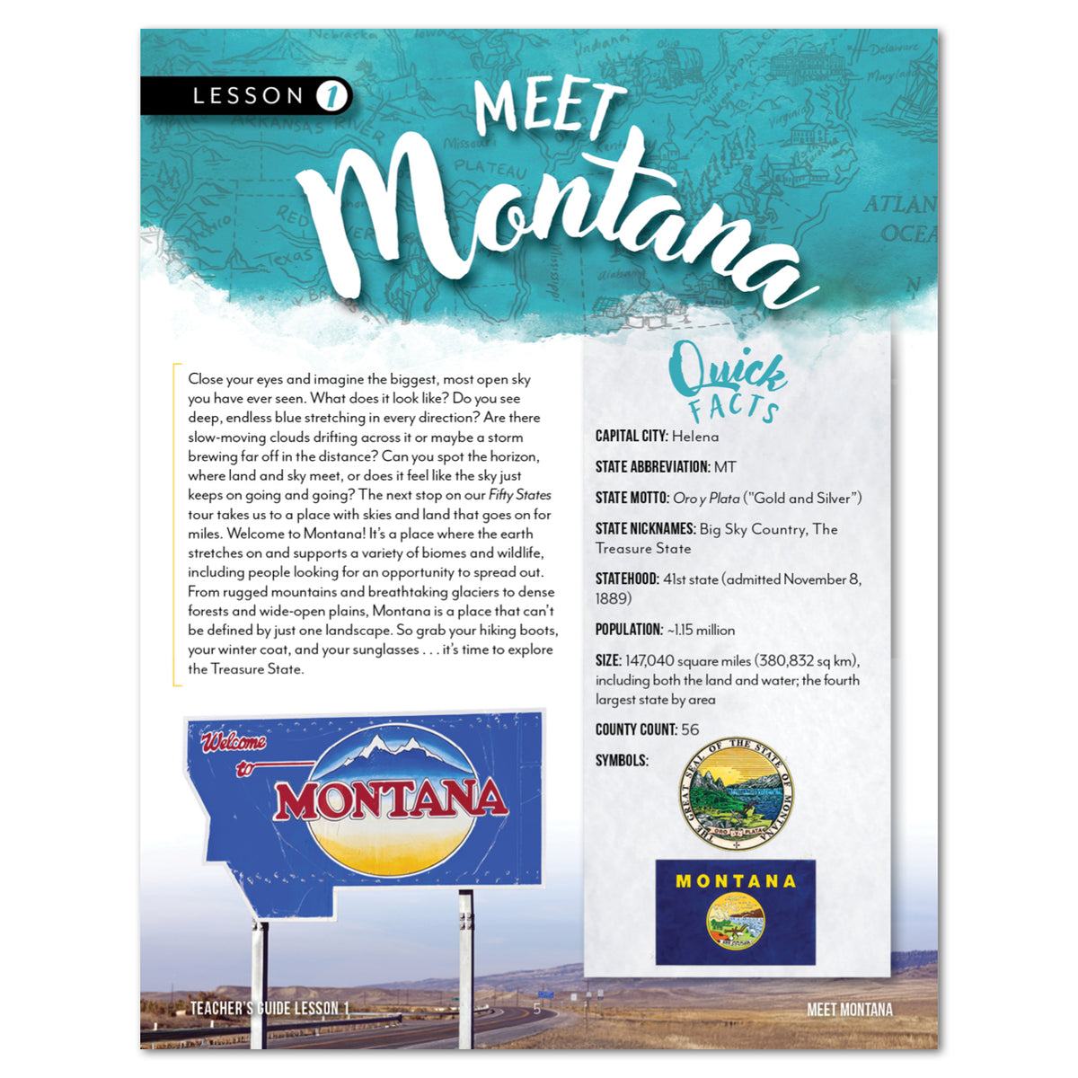 An educational page about Montana, featuring a large title 'MEET Montana' in white script, a blue 'Quick Facts' panel, a small seal and flag, and a scenic mountain landscape at the bottom.