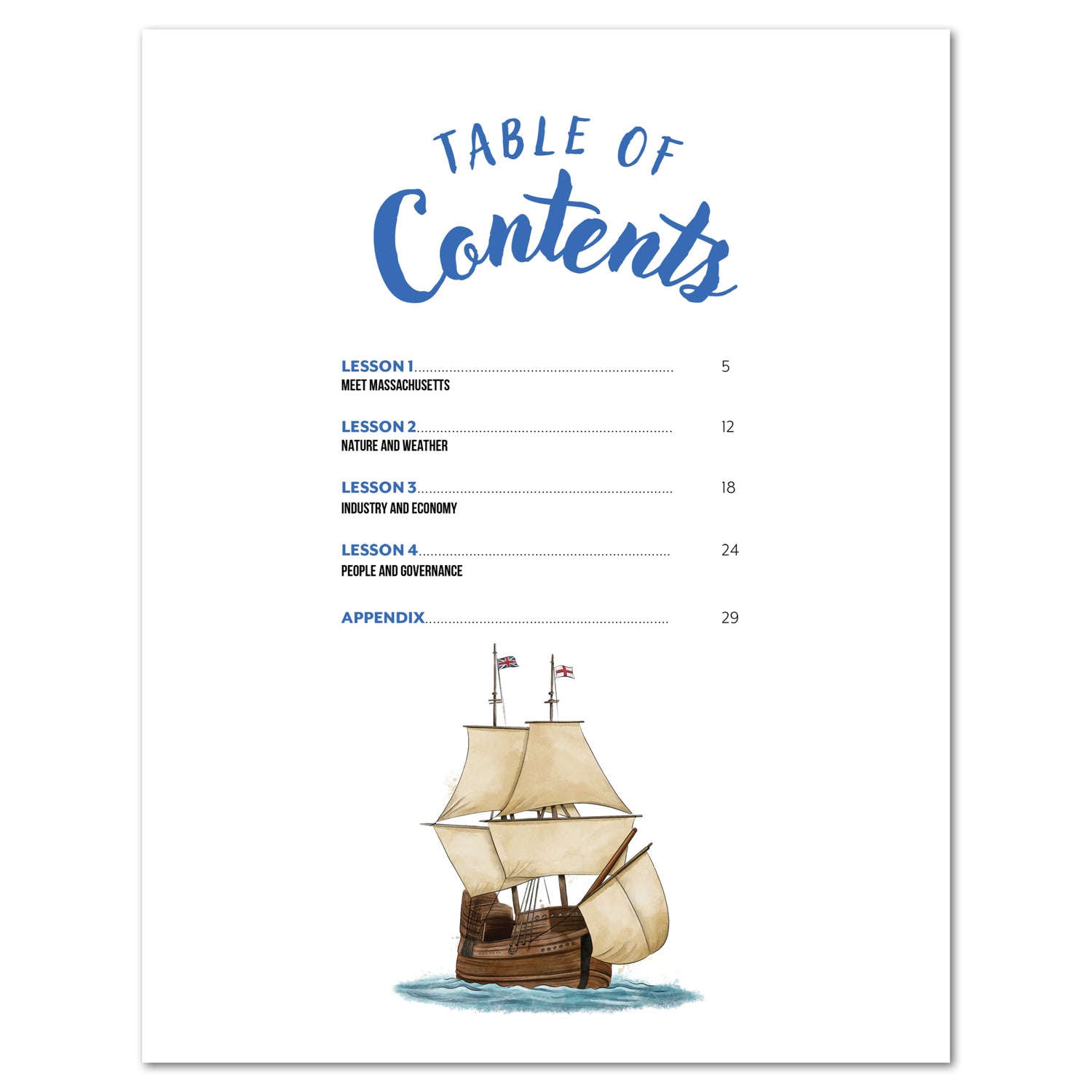 Table of contents with a ship illustration on a white background