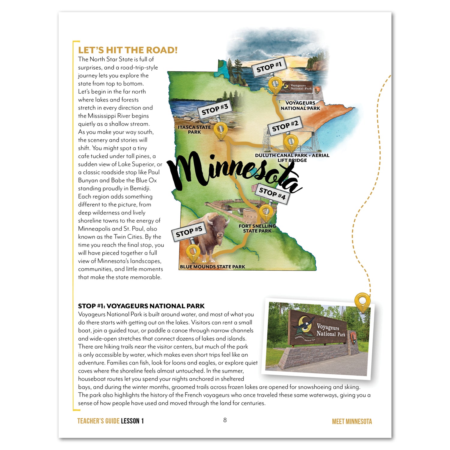 Page from teacher's guide featuring a map of Minnesota with travel stops and scenic descriptions.