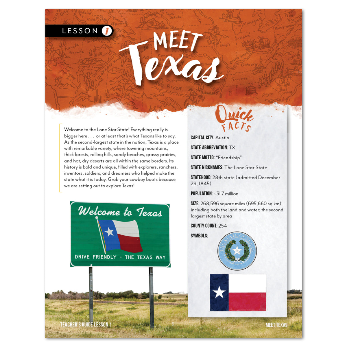 An educational lesson page titled 'MEET Texas' with an orange header, white body, and a Texas-themed quick facts panel. The card includes a 'Welcome to Texas' sign and state flag.
