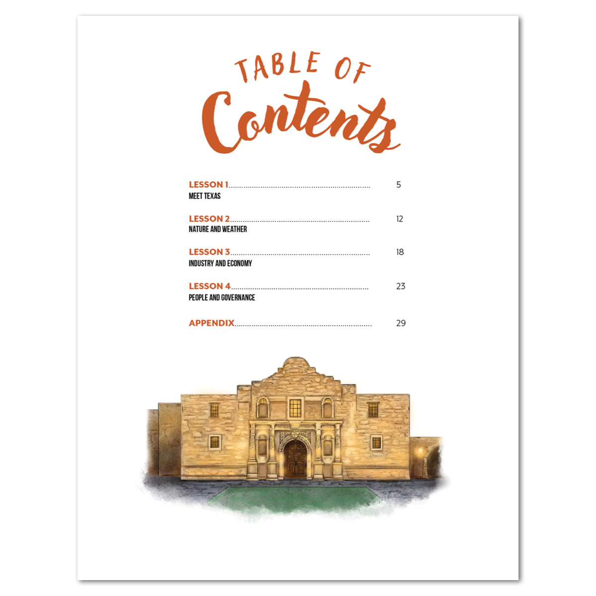 Table of contents page with orange title text, black lesson headings and page numbers, and a watercolor-style illustration of the Alamo at the bottom on a white page.