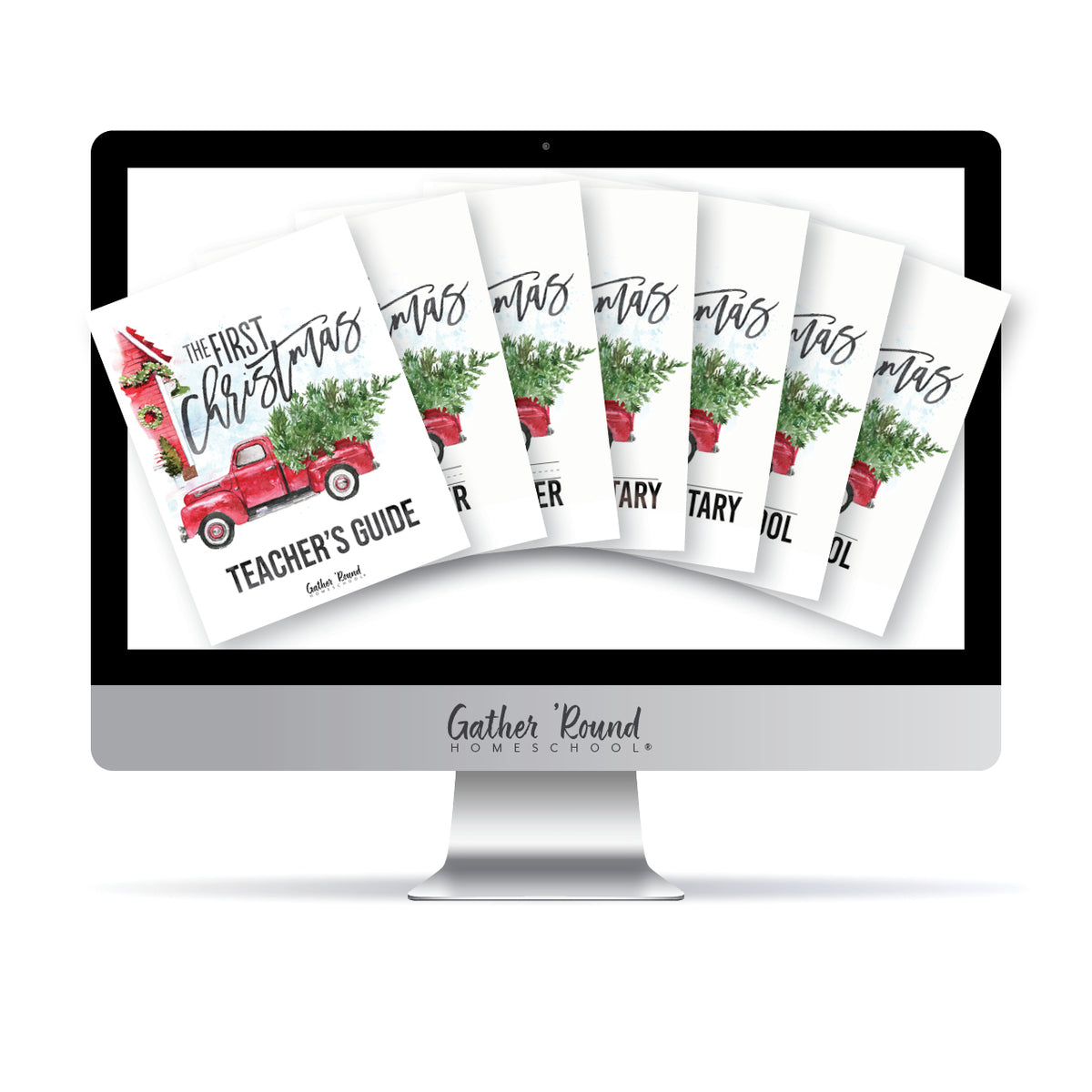 A digital product mockup showing a computer monitor with a series of First Christmas books fanned out inside the screen. The covers feature a red vintage truck carrying a Christmas tree, green pine branches, and black script text reading 'The First Christmas.'