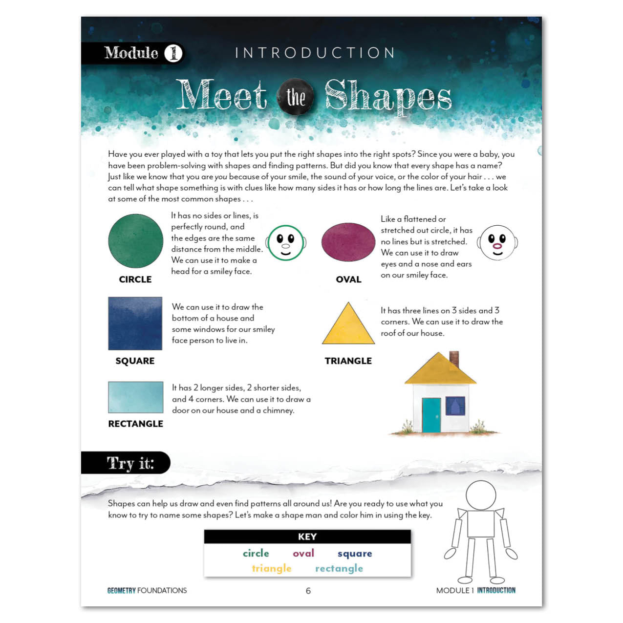 Educational page introducing shapes with illustrations and text on a blue and white background