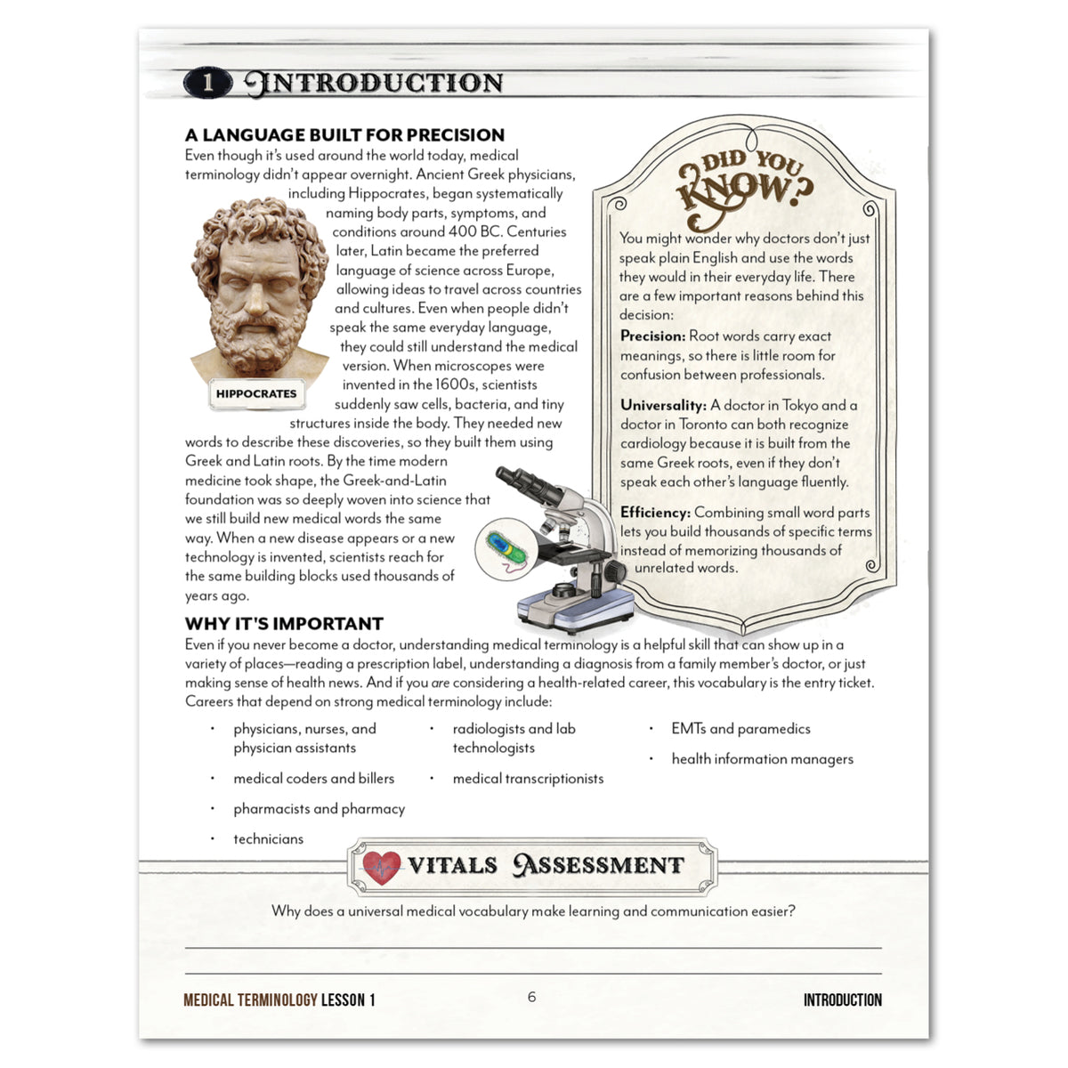 An educational worksheet page titled 'Introduction' about medical terminology, featuring text sections, a small illustration of a microscope, and a 'Vitals Assessment' question at the bottom.