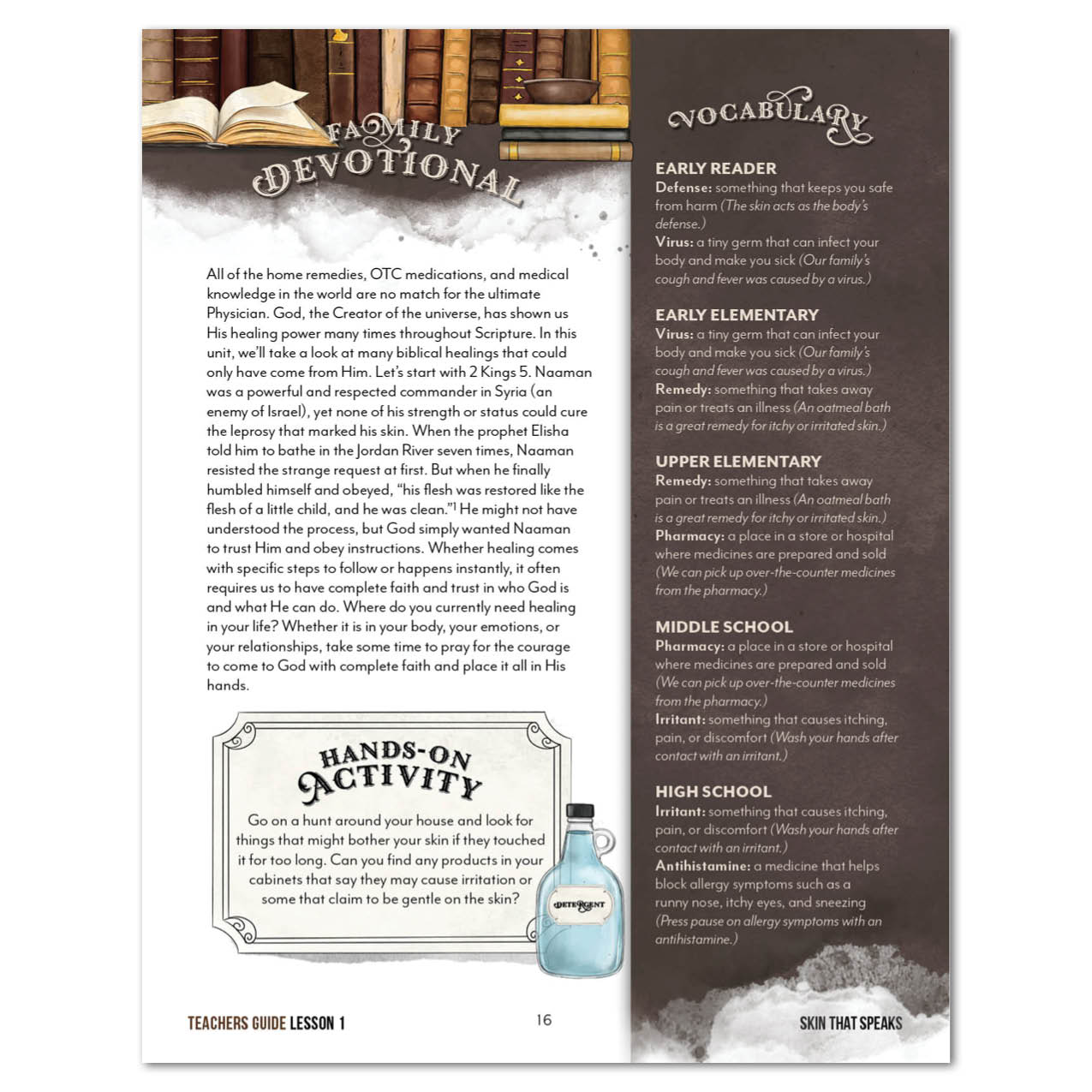 An educational page with a family devotion, vocabulary panel, and hands-on activity box.