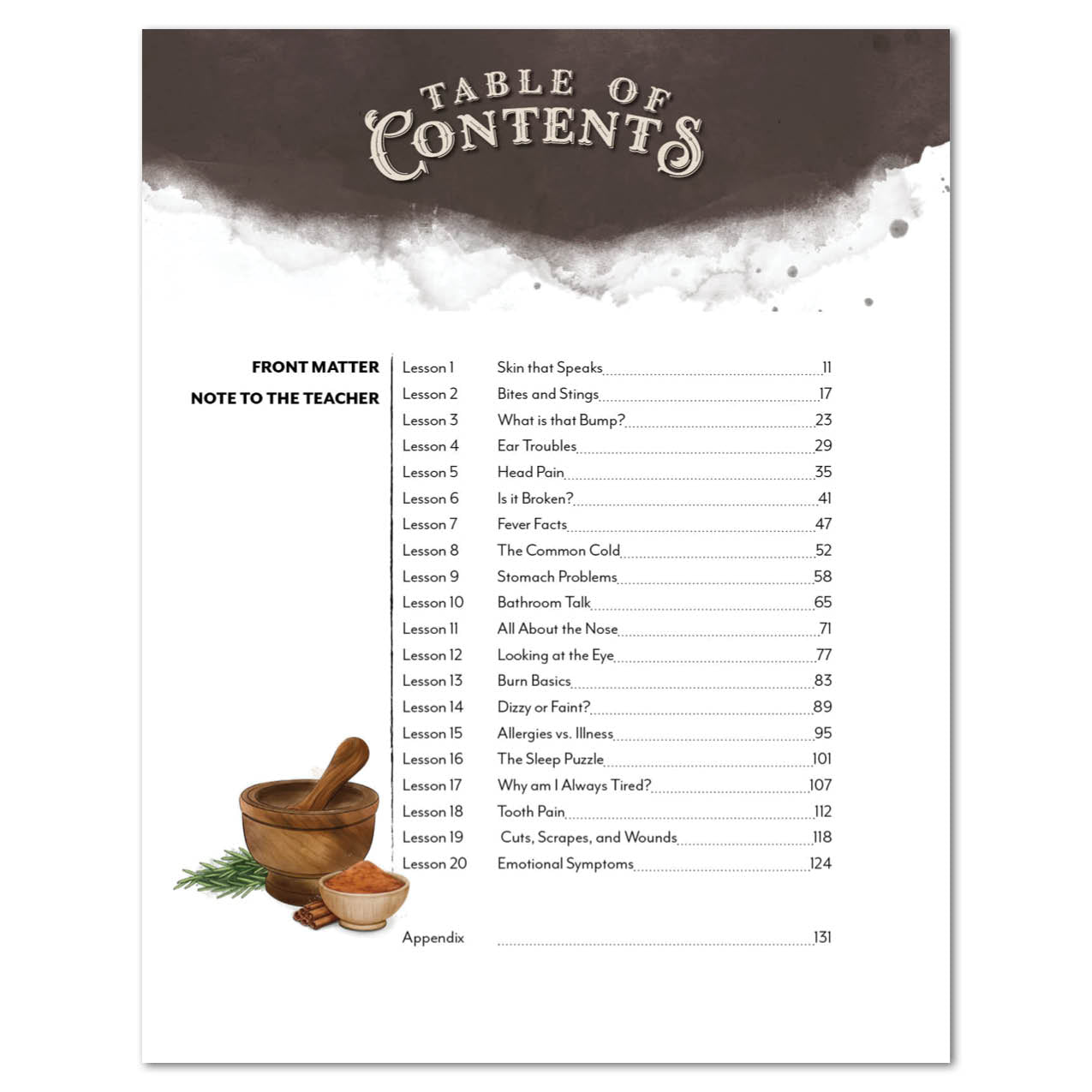Table of contents page with a rustic design. The top features a dark brown textured banner with the words 'TABLE OF CONTENTS' in a white decorative font, set against a white watercolor wash.