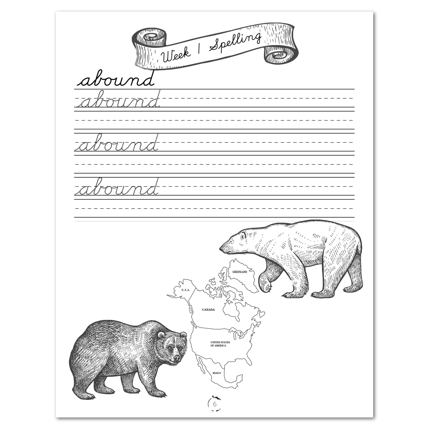 North America homeschool unit study digital student workbook in cursive week one spelling