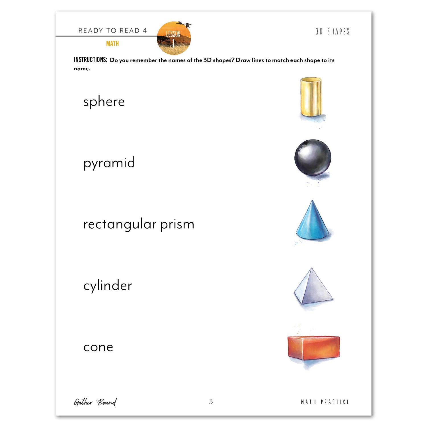 Ready to Read 4 On The Savannah Homeschool Unit Study Printed Math Practice Lesson 1 3D Shapes