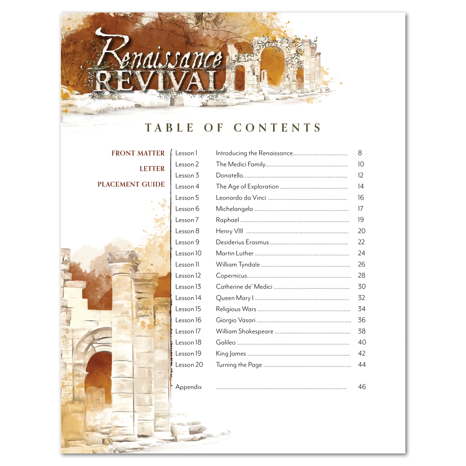 Renaissance and Revival Homeschool Unit Study Printed Lapbook Instructions Table of Contents