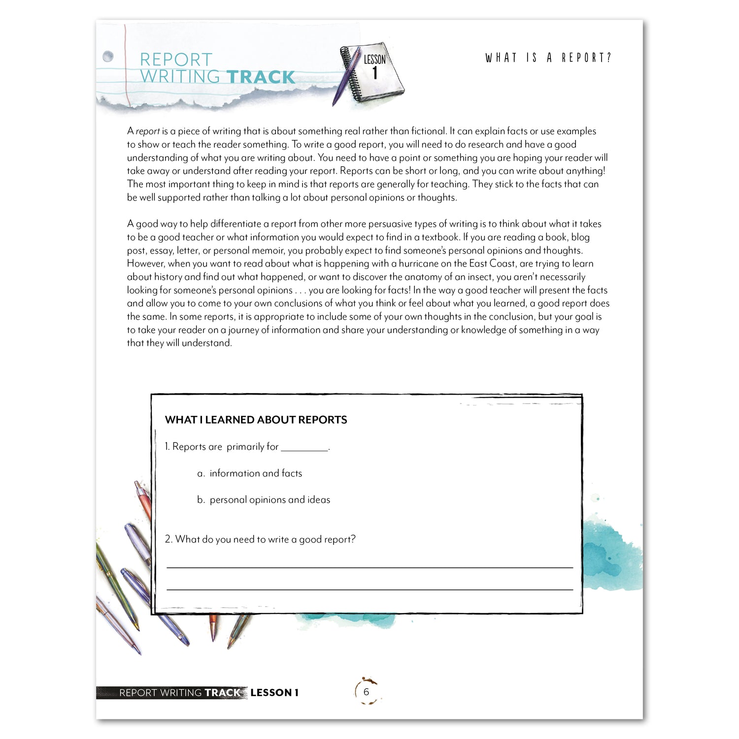 Report Writing Track Homeschool Unit Study Digital Student Book Lesson 1 What is a Report?
