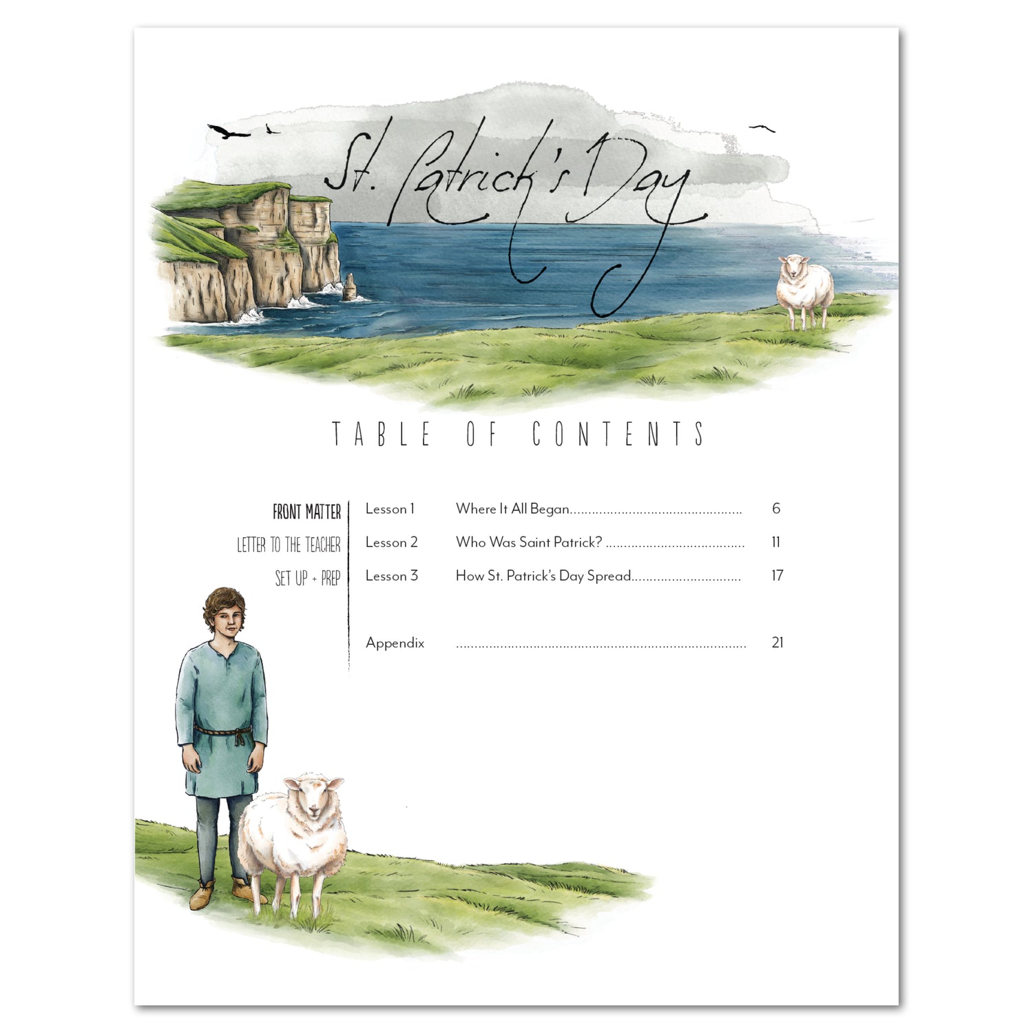 St. Patrick's Day homeschool unit study, printed lapbook with Teacher's Guide table of contents