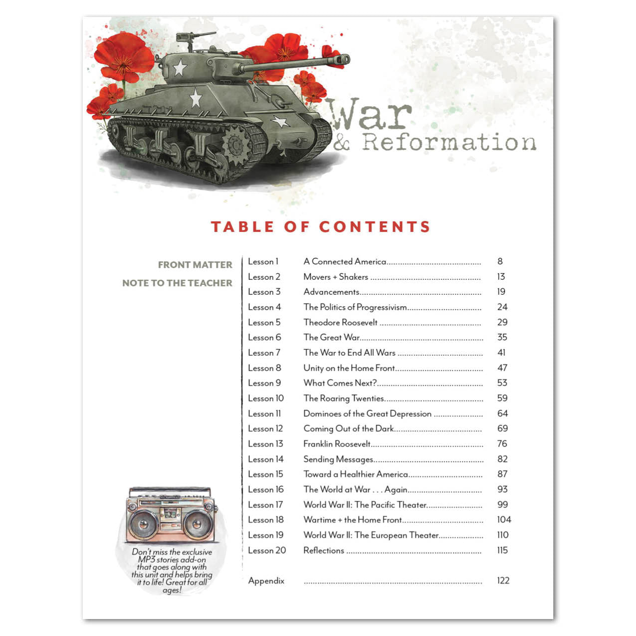 A printed educational poster or booklet page titled 'War Reformation' with a military tank illustration at the top, red poppy graphics, and a table of contents listing lesson topics and page numbers.
