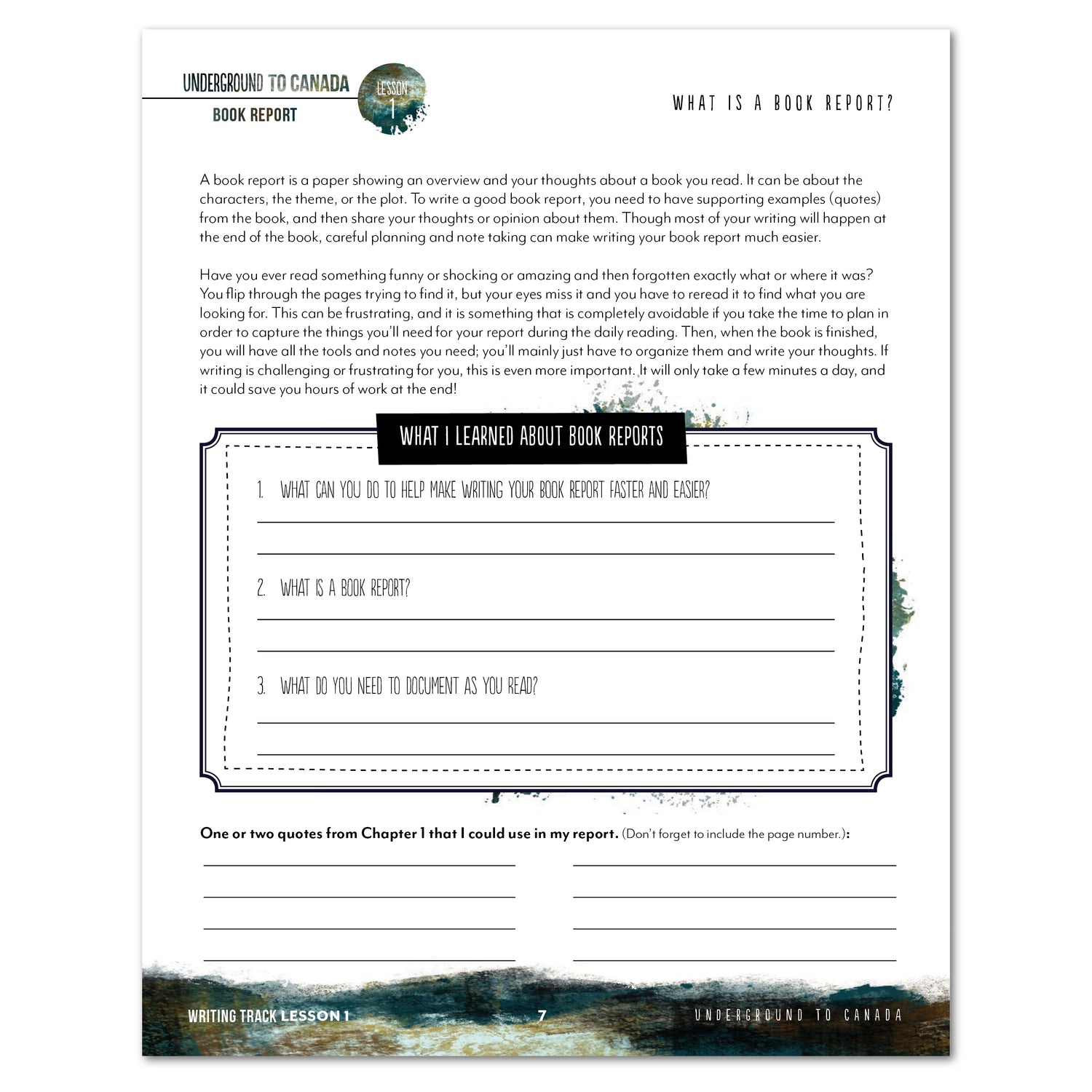 Underground to Canada Book Report Writing Track Homeschool Unit Study Printed Student Book Lesson 1 What is a book report?