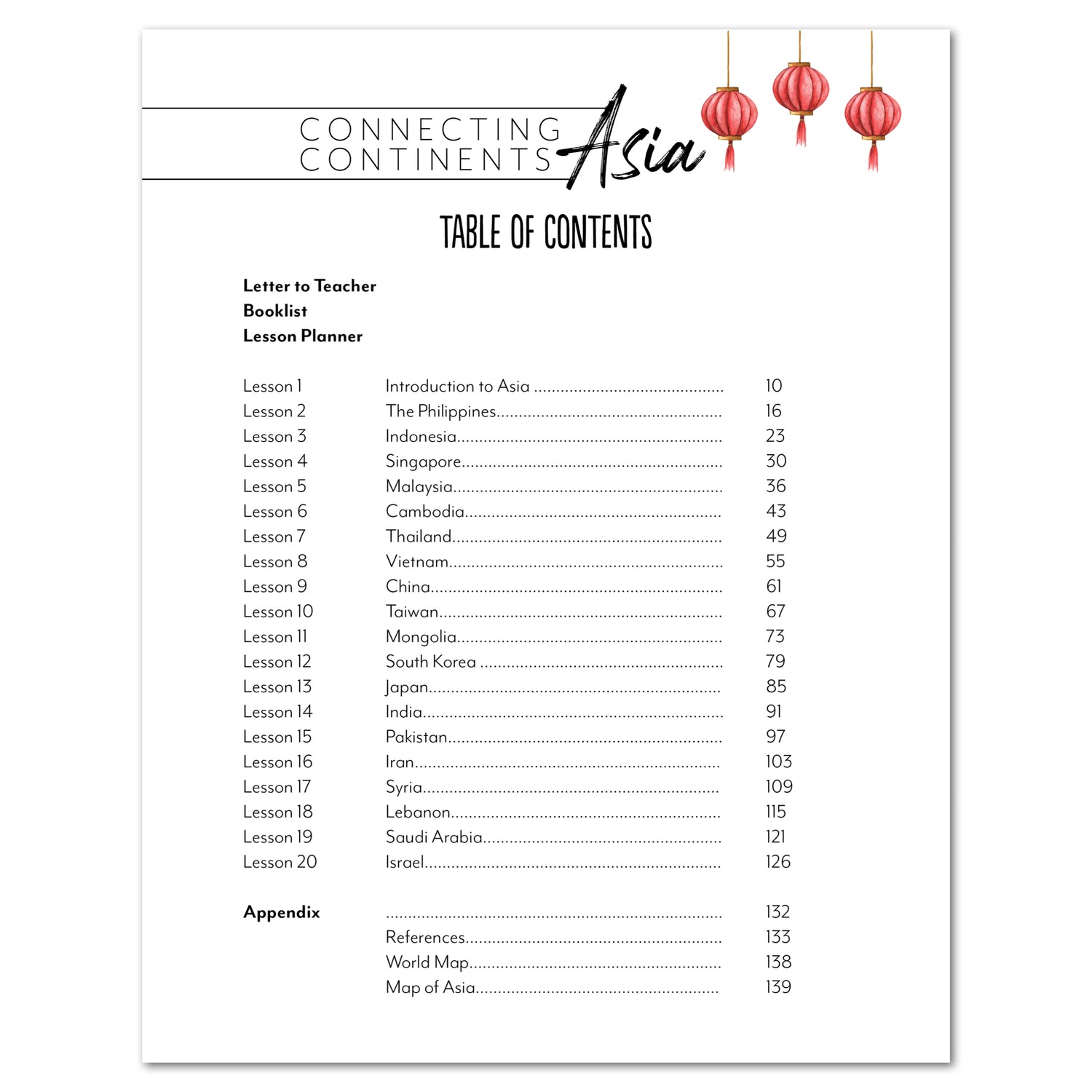 Asia Homeschool Unit Study Printed Teacher's Guide Table of Contents
