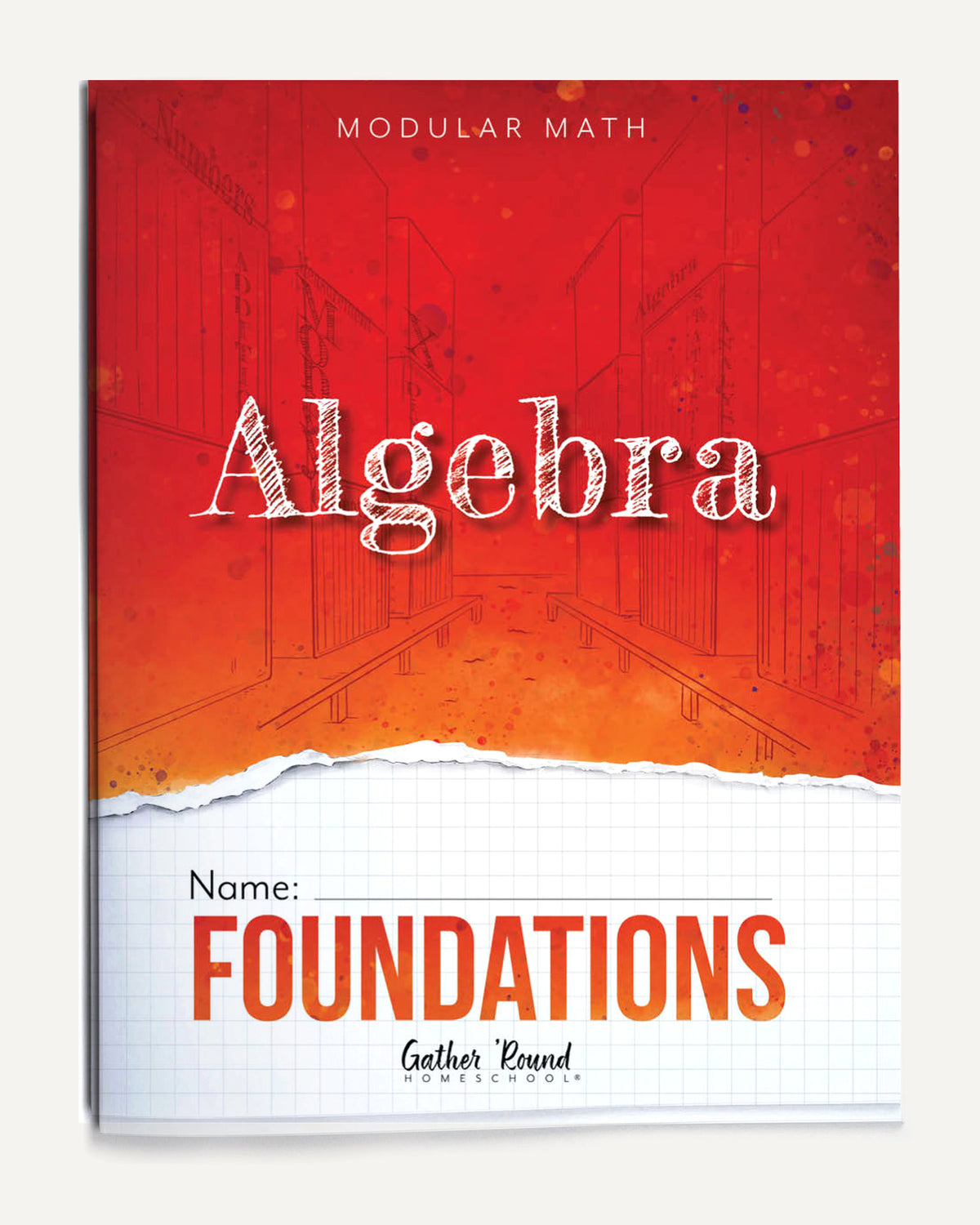 Book cover for Algebra Foundations. The cover has a red-to-orange gradient upper section with white text, a torn-paper effect, and a white grid-pattern lower section.