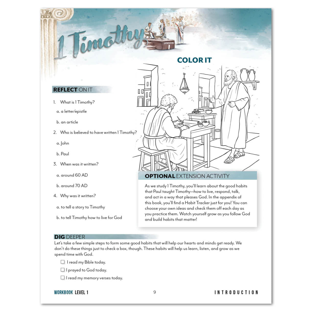 Educational page from a workbook with text and illustrations related to the book of 1 Timothy.