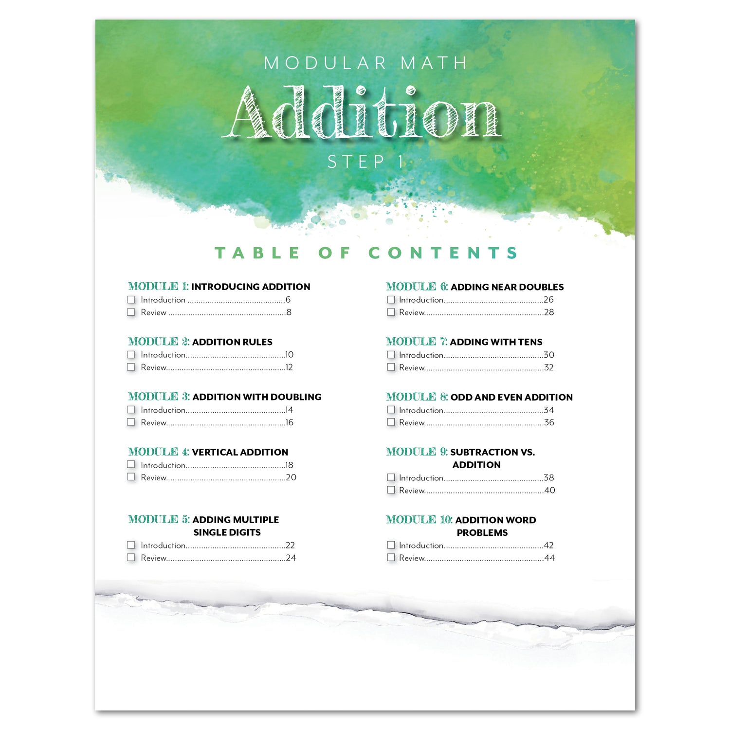 Modular Math Addition Step 1 Printed Table of Contents Homeschool Unit