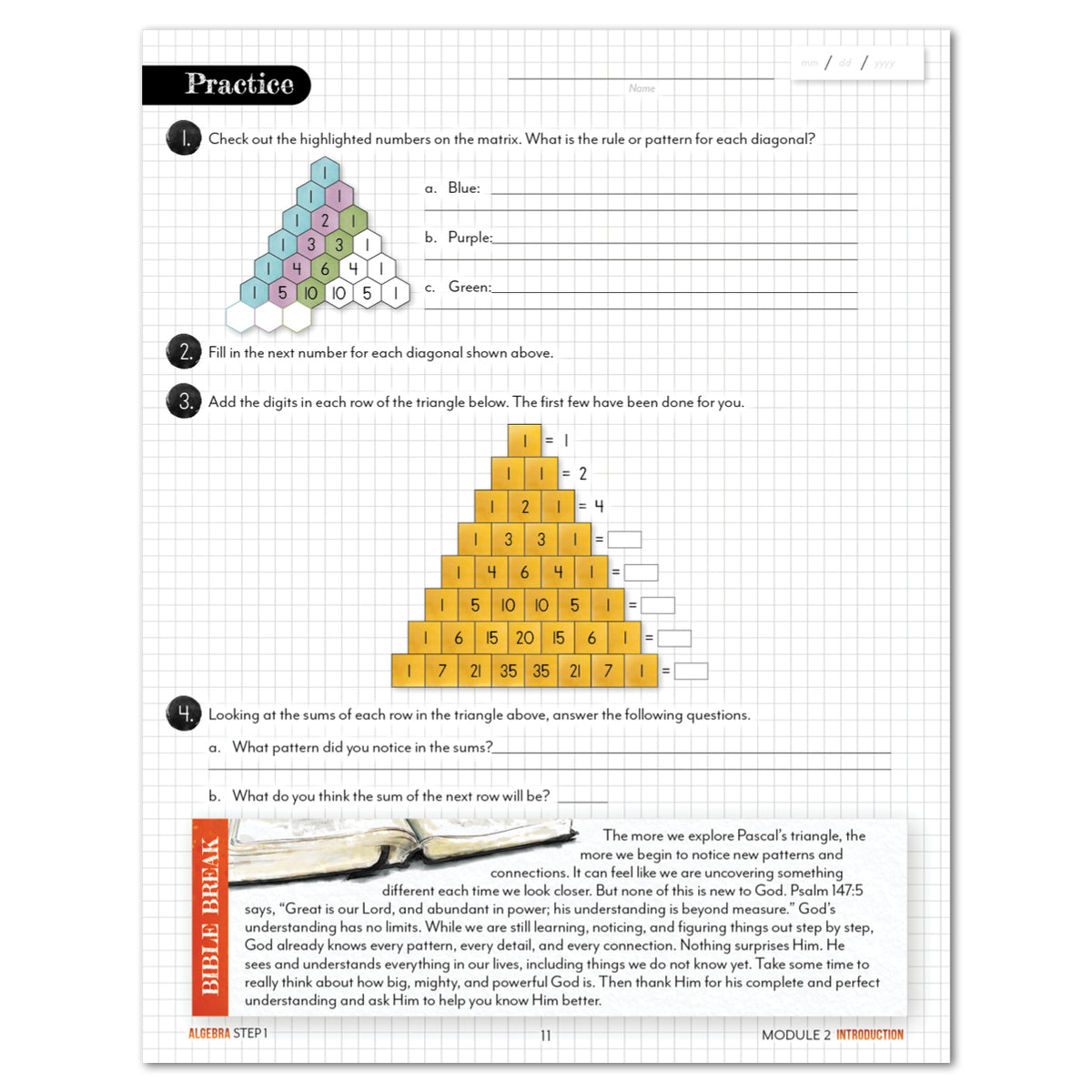 A worksheet page titled 'Practice' showing a colorful triangular number grid with numbered questions about patterns and sums, plus a small 'Bible Break' section at the bottom.