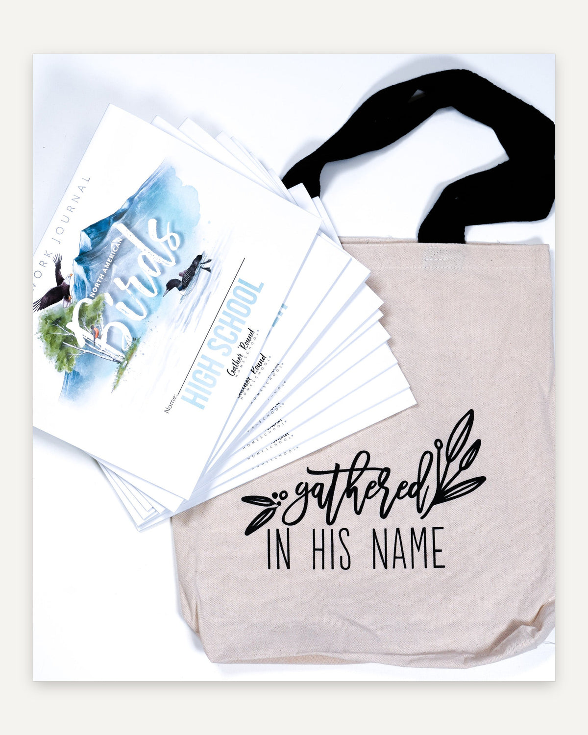 Gathered In His Name Canvas Tote with Button homeschool unit study, printed product image