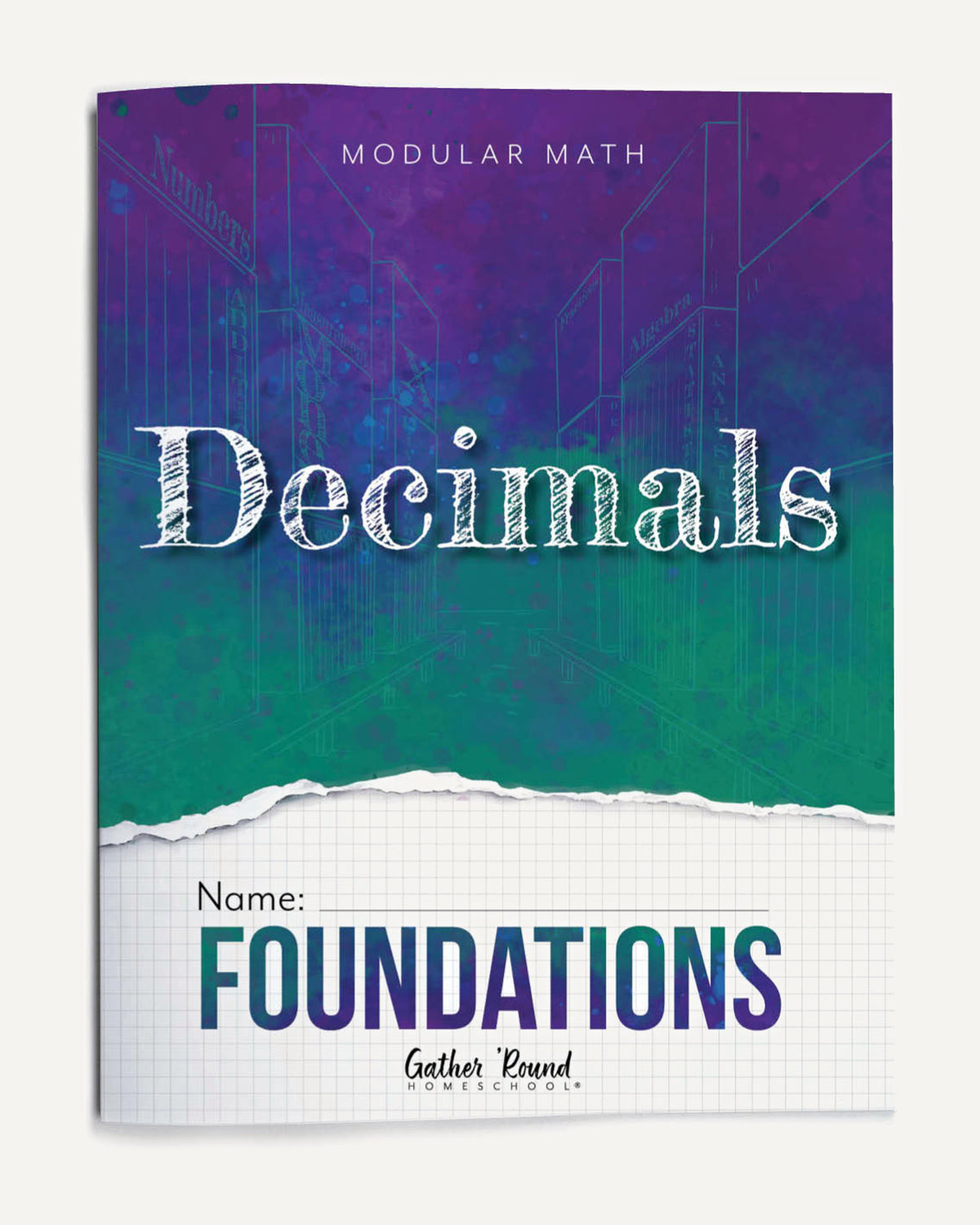 Book cover of 'Modular Math Decimals Foundations' with a colorful gradient background.