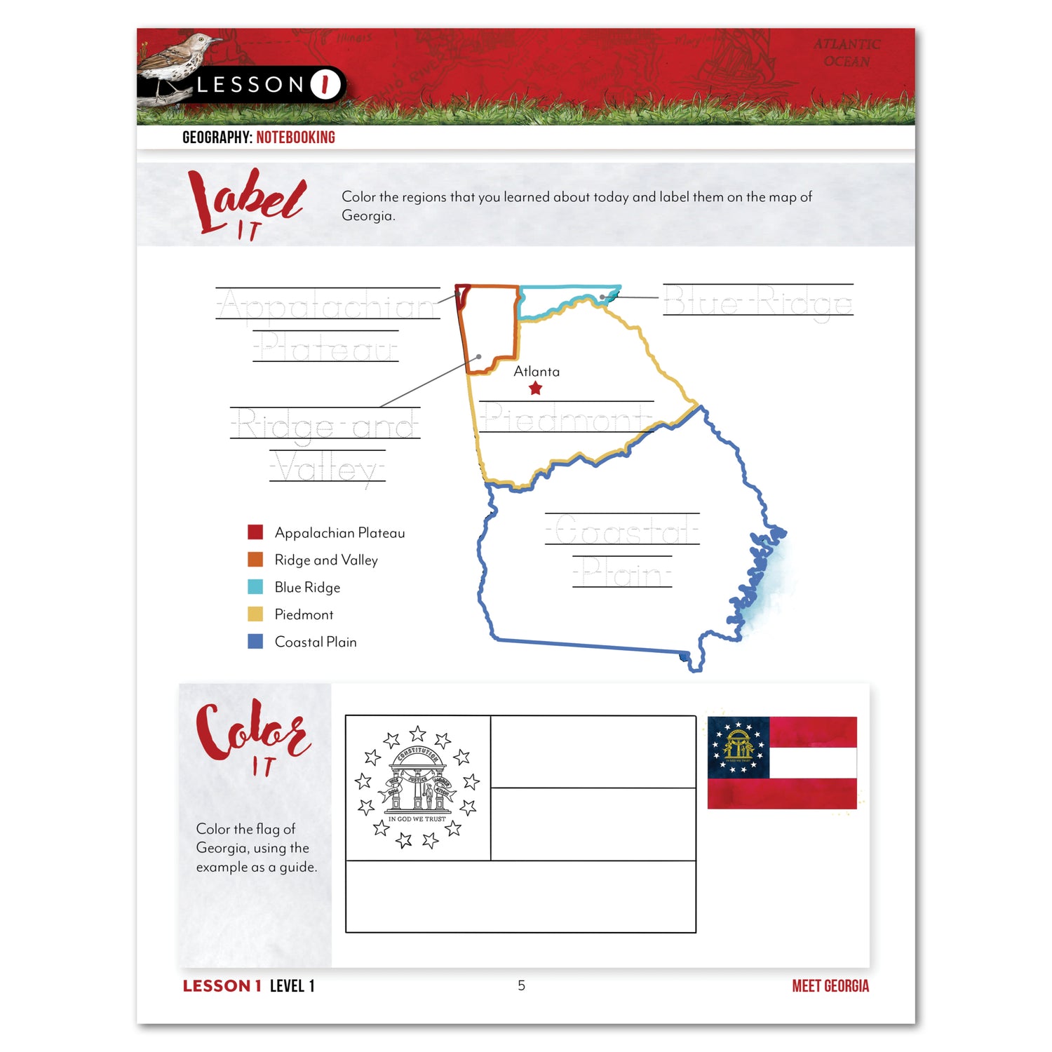 Georgia Fifty States Homeschool Unit Study Printed Student Book Level 1 Lesson 1 Page