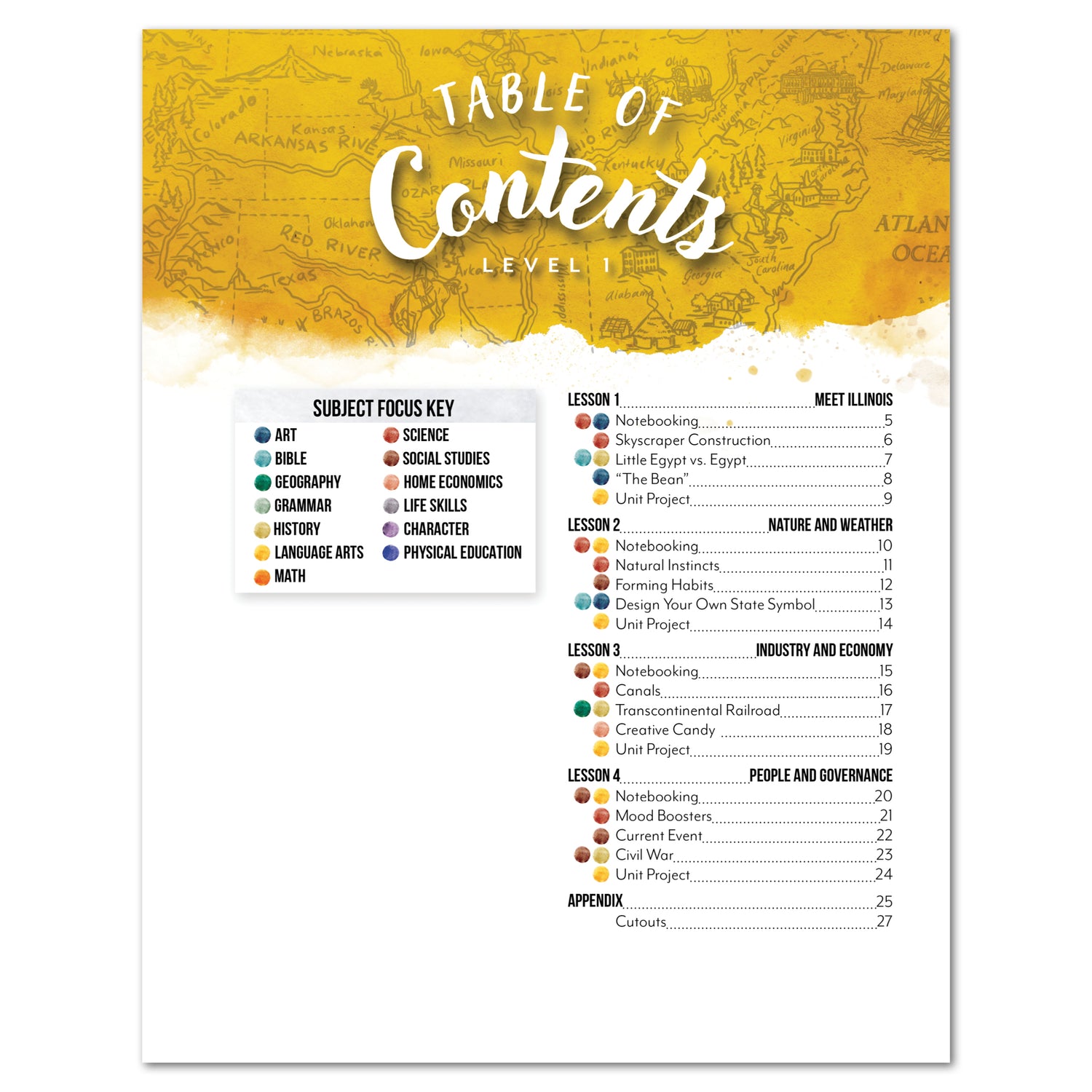 Illinois Fifty States Homeschool Unit Study Digital Student Book Level 1 Tabel of Contents