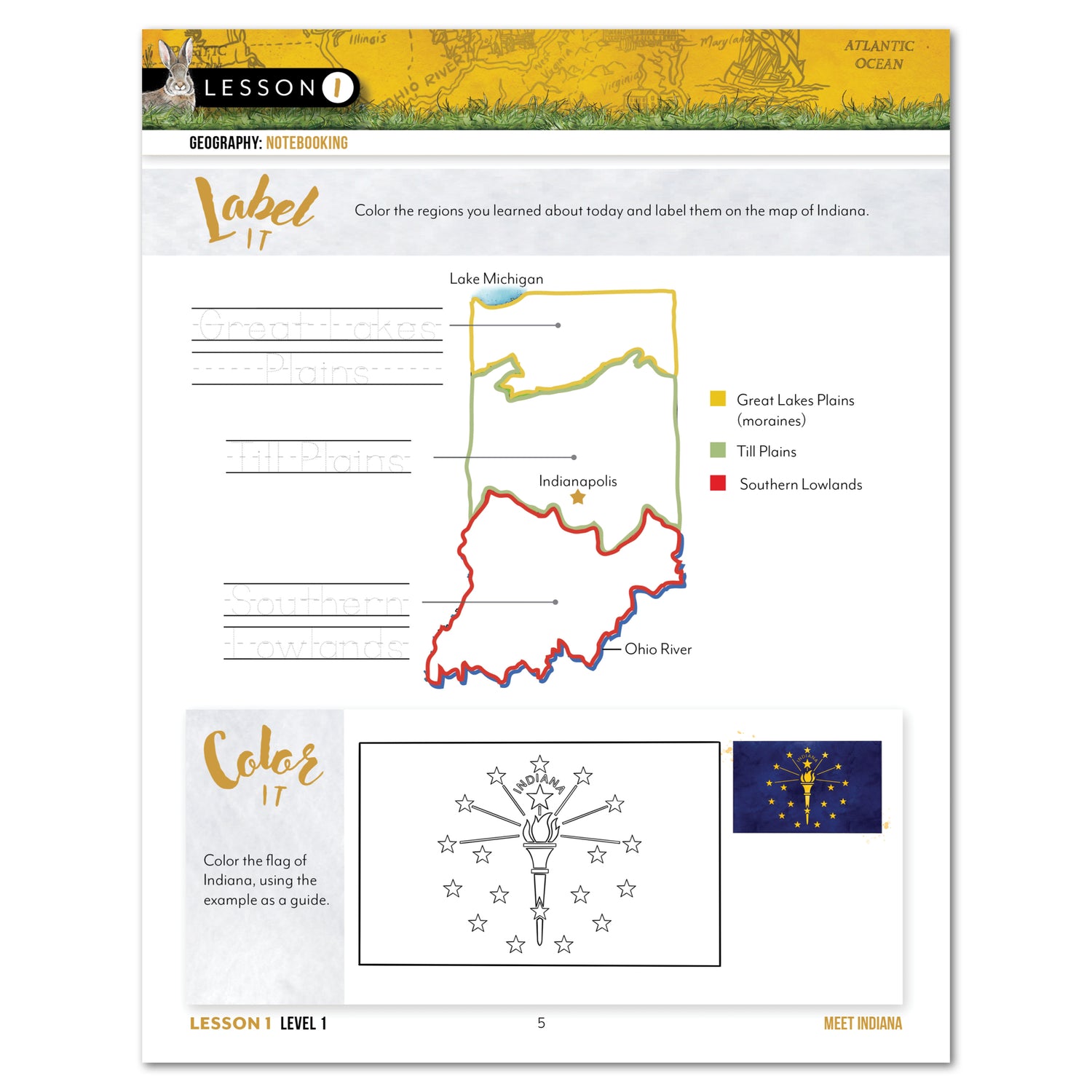 Indiana Fifty States Homeschool Unit Study Printed Student Book Level 1 Lesson 1 Page