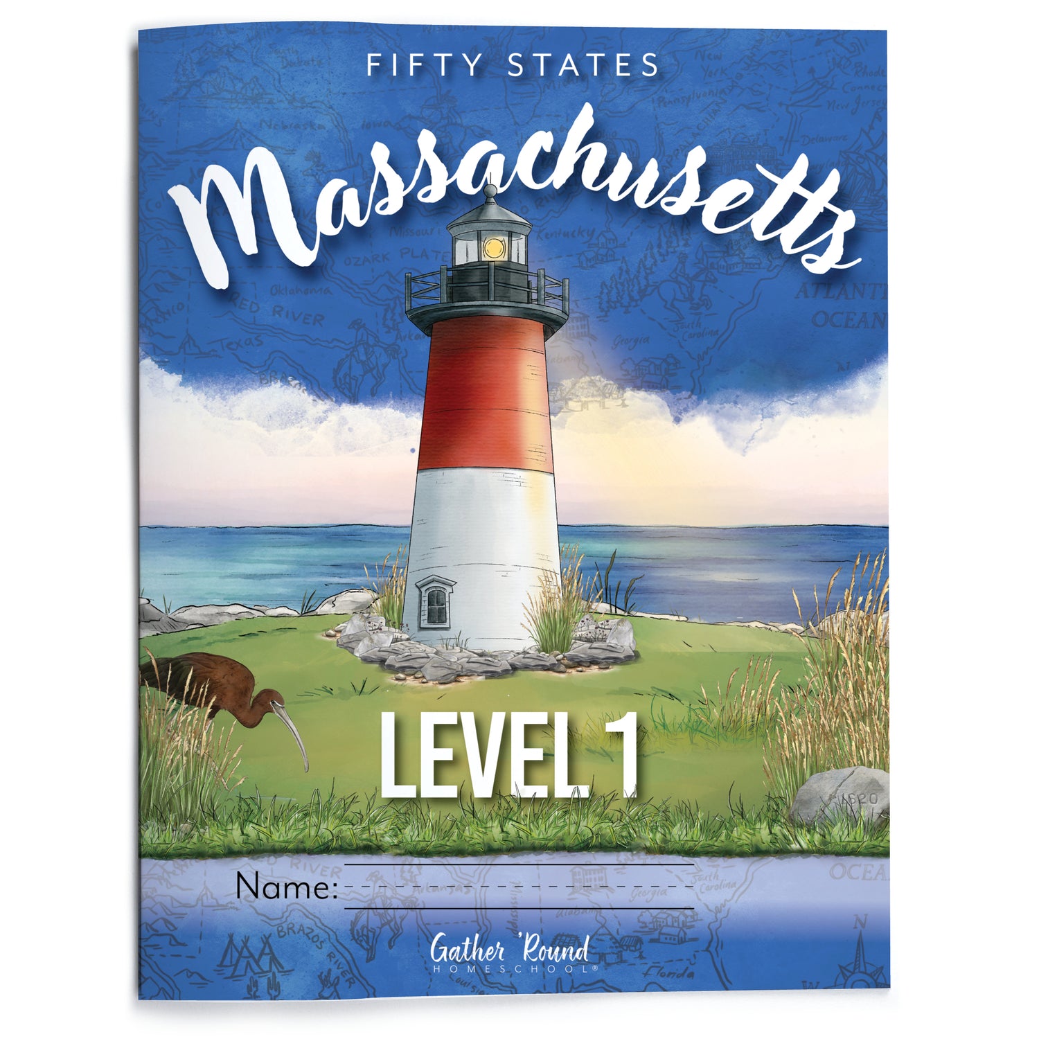 Book cover of 'Fifty States: Massachusetts' Level 1 with a lighthouse illustration on a blue background.