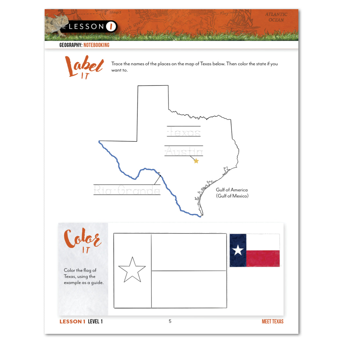 Lesson 1 Level 1 Geography Notebook worksheet page titled 'Meet Texas' showing a map outline of Texas with tracing lines, a Gulf of Mexico label, and a Texas flag coloring guide on a white page with an orange header.