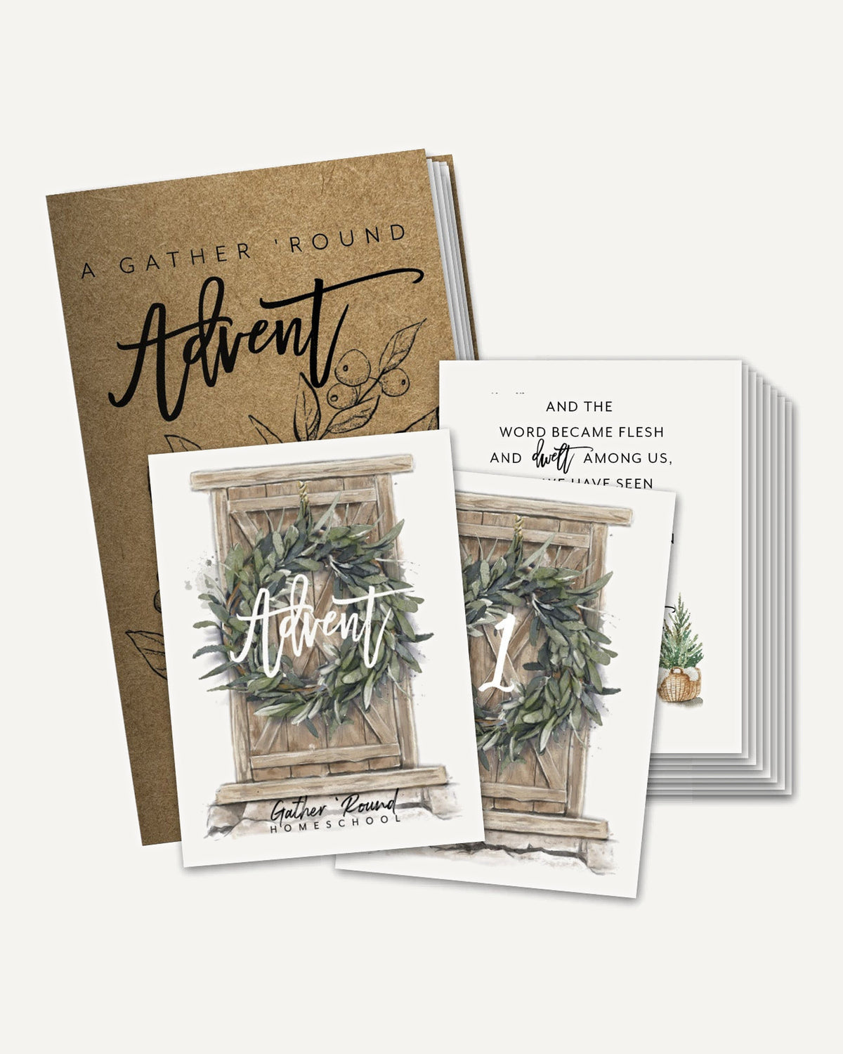 A set of beautifully designed advent cards with rustic, hand-painted doors and corresponding scripture verses for each day, tied with twine. Also included is a kraft-covered journal with devotional readings.