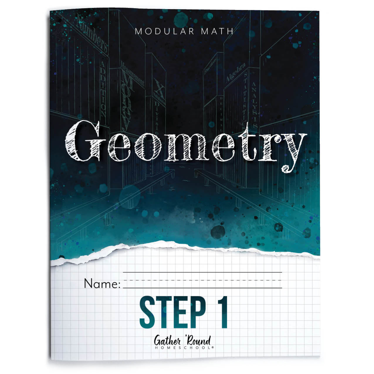 Geometry textbook with a dark blue cover and grid paper on the bottom