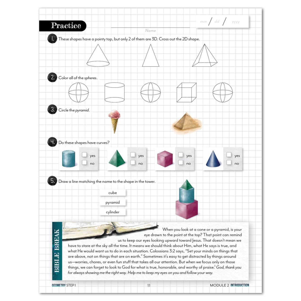 Educational worksheet on shapes with geometric figures and questions
