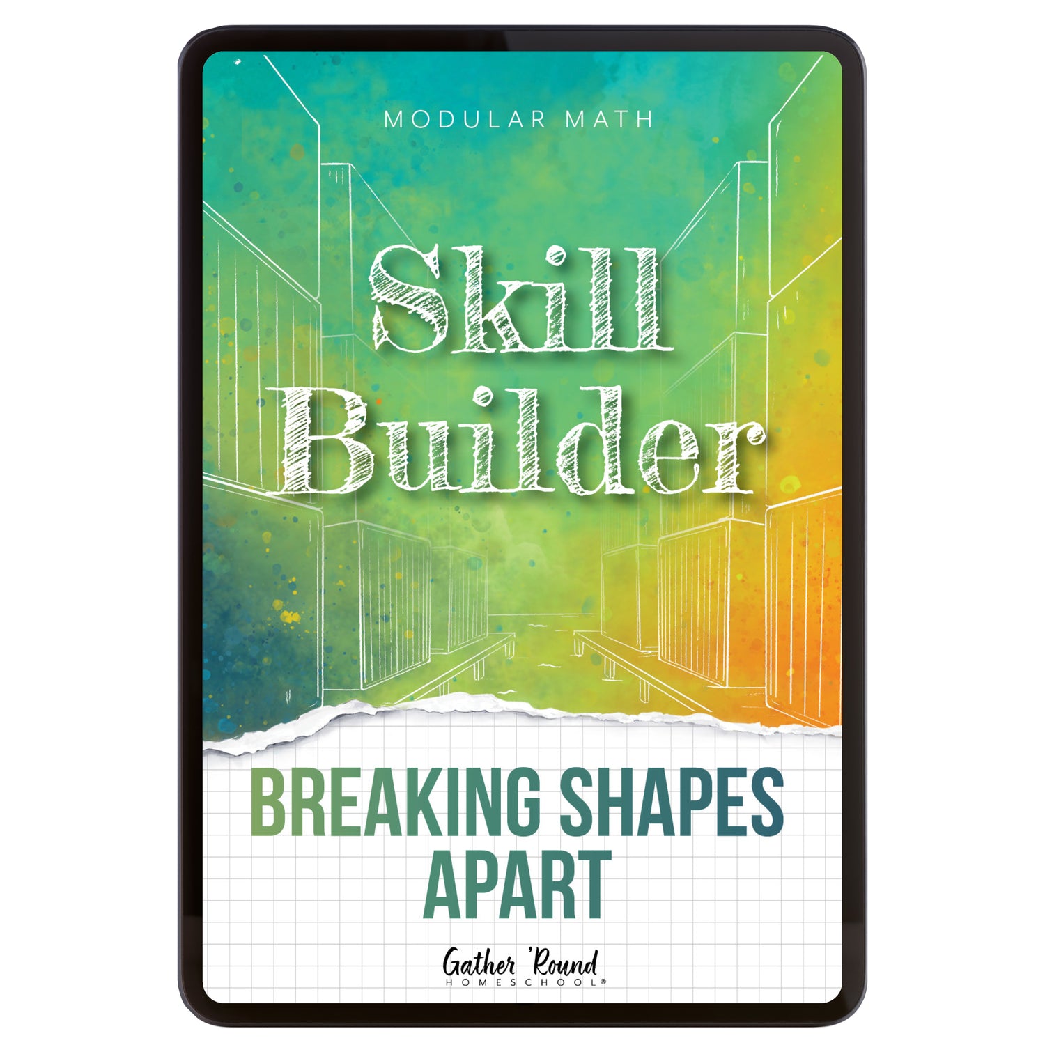 Digital book cover of 'Skill Builder: Breaking Shapes Apart' with geometric design and text on a colorful background.