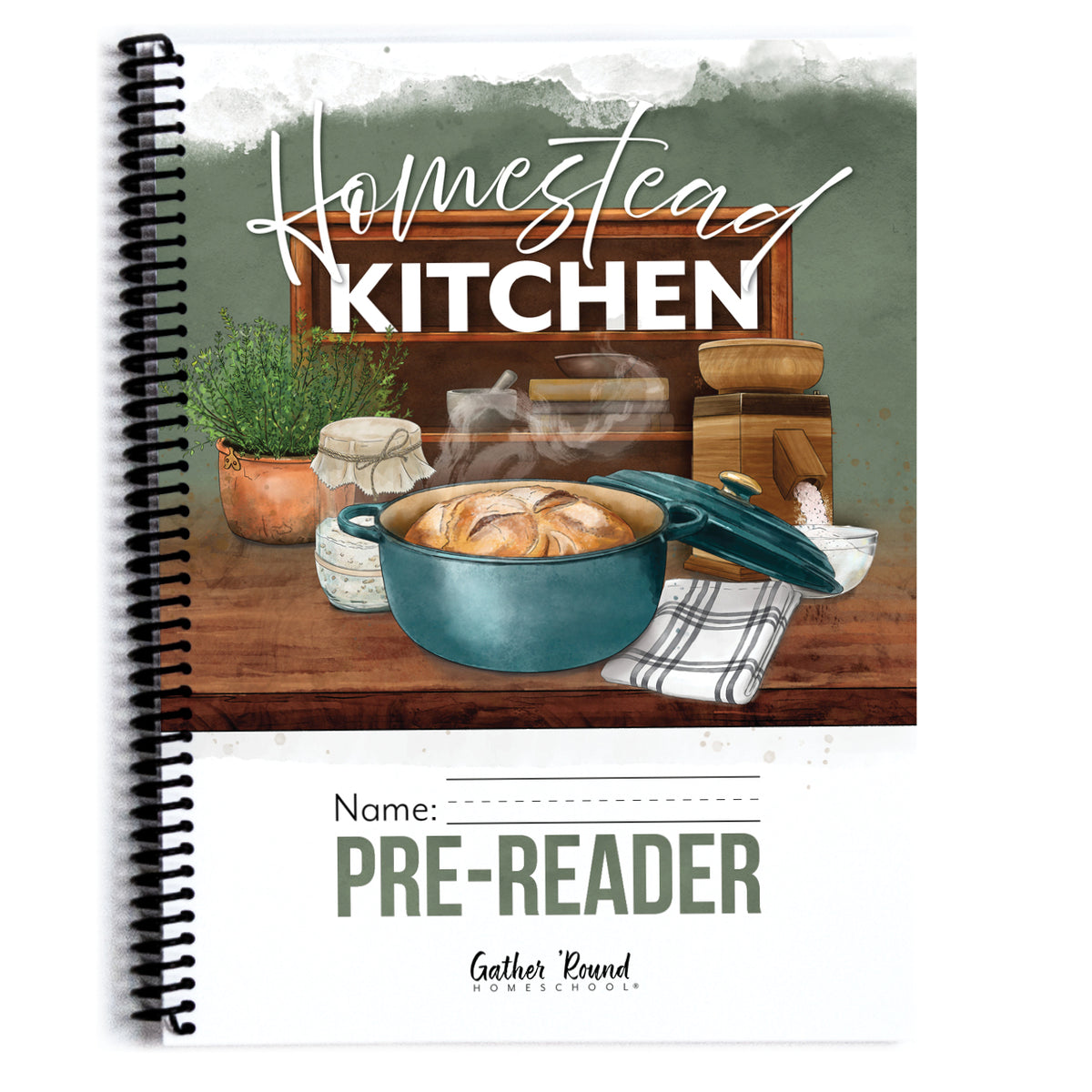 A spiral-bound notebook cover featuring a rustic kitchen illustration with the words 'Homestead Kitchen' and 'PRE-READER' on a white lower section. The cover shows a teal pot with bread, wooden kitchen items, and a green-gray watercolor background.
