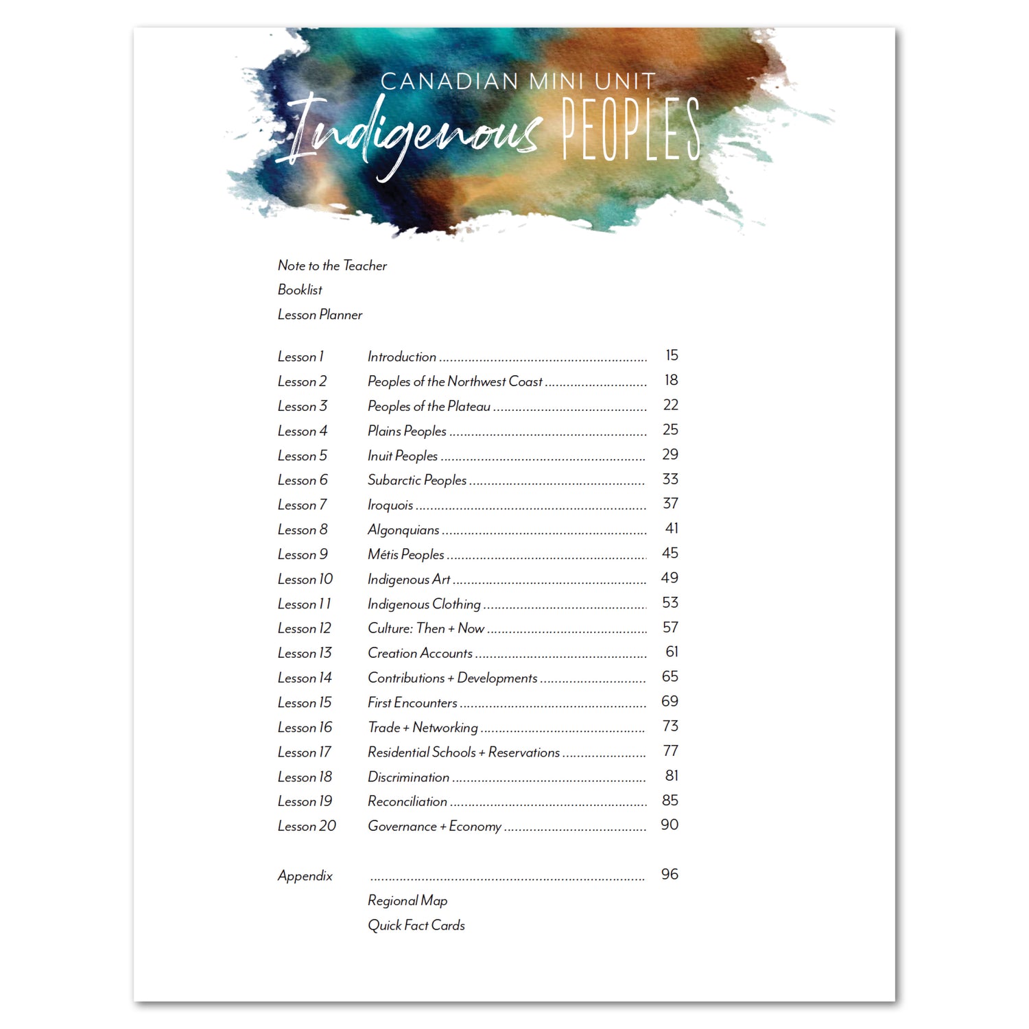 Indigenous Peoples homeschool unit study printed teacher guide table of contents
