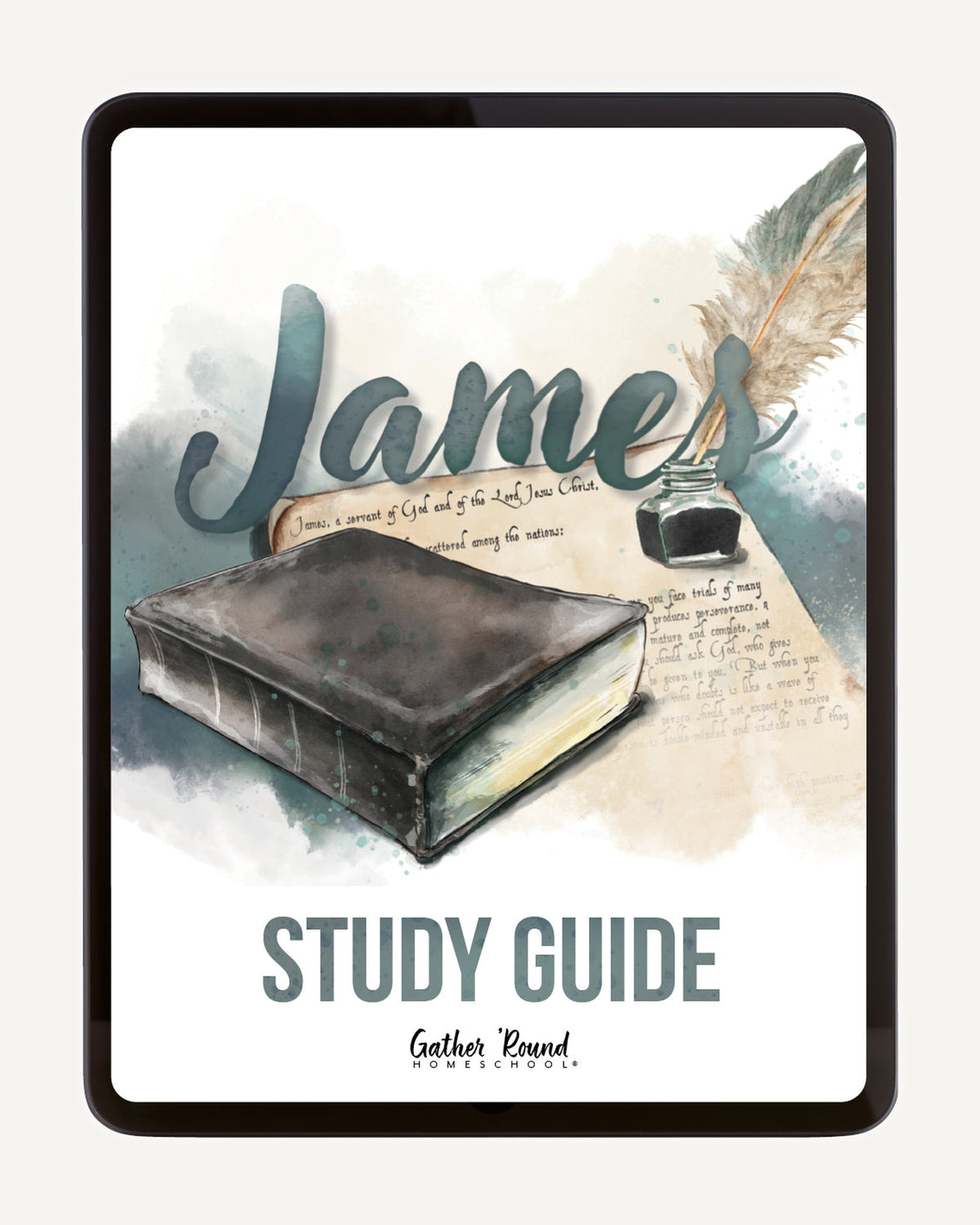 A digital cover for a 'James Study Guide' featuring a watercolor illustration of a dark leather-bound Bible, a feather quill, and an inkwell on a cream background with a black border.