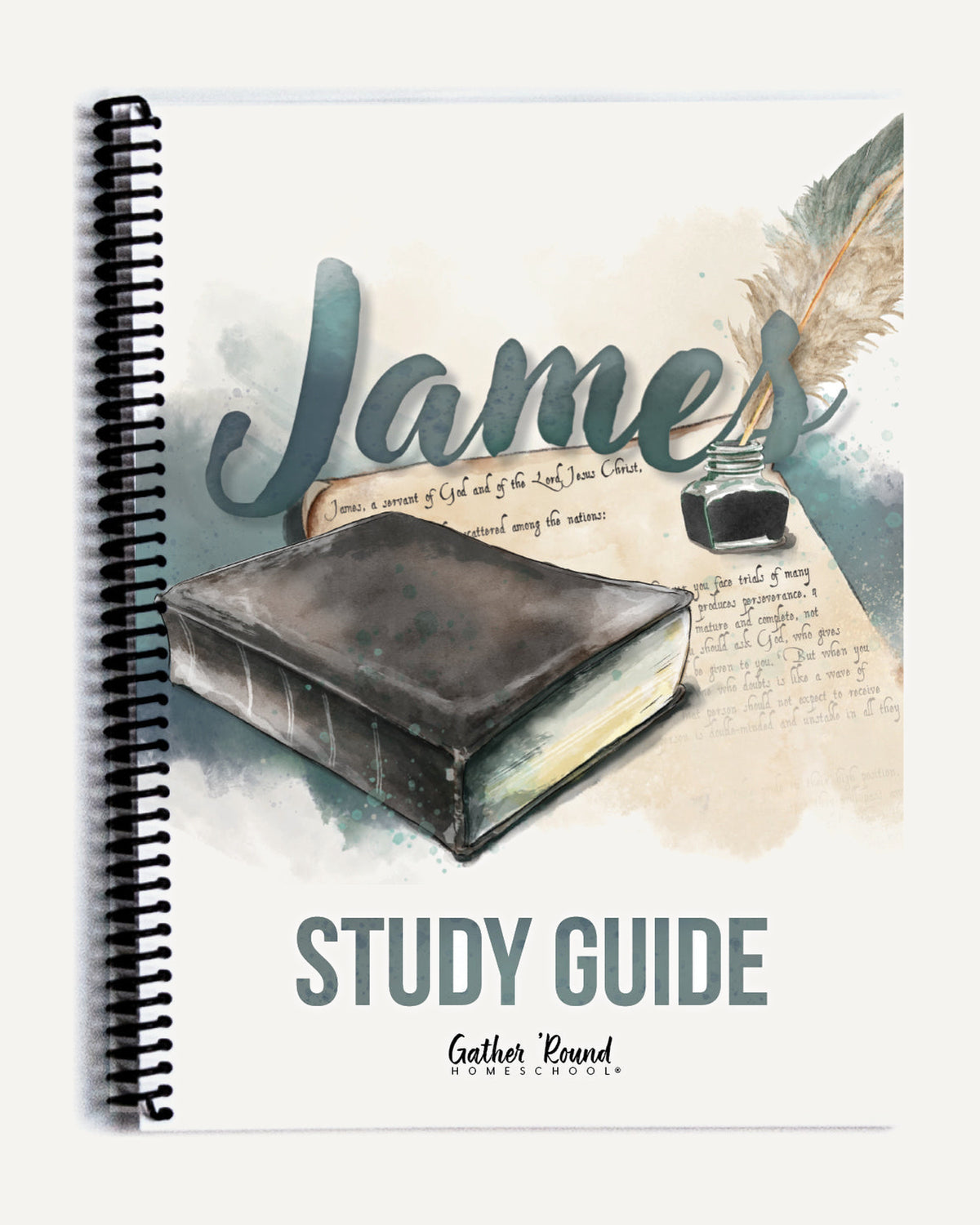 A spiral-bound study guide book cover featuring a watercolor illustration of an Bible, ink bottle, feather quill, and the word 'James' in large script, with 'STUDY GUIDE' printed below.