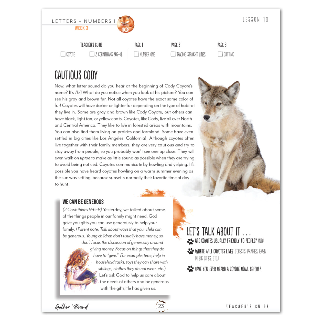 Letters + Numbers 1 Homeschool Unit Study Printed In The Forest Teacher's Guide Week 3 Lesson 10 Cautious Coyote
