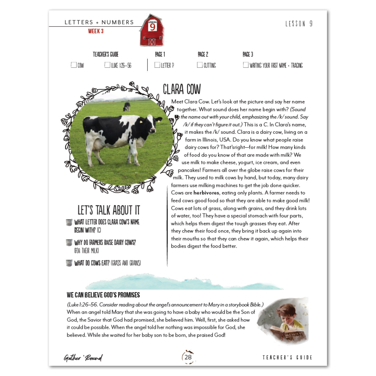 Letters + Numbers 2 On The Farm Printed Teacher's Guide Week 3 Lesson 9 Clara Cow