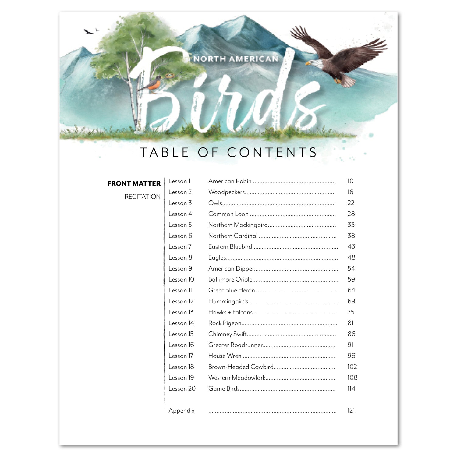 North American Birds part two homeschool unit study printed Teacher's Guide table of contents