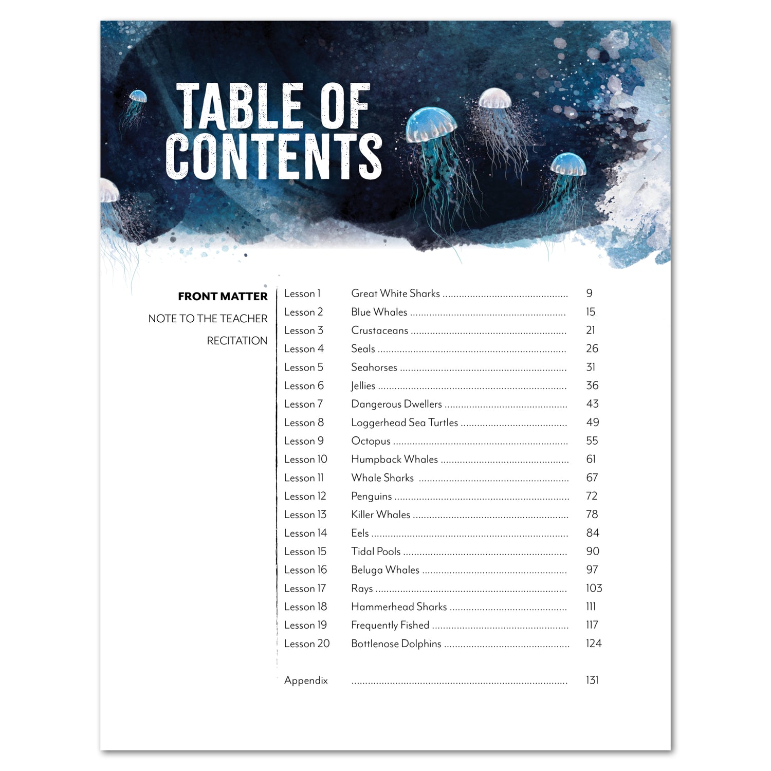 Ocean Life homeschool unit study digital teacher guide table of contents