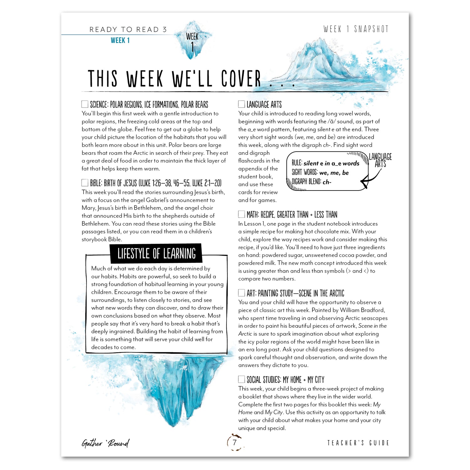 Ready to Read 3 At Ice + Snow Homeschool Unit Study Printed Teacher's Guide Week 1 Snapshot